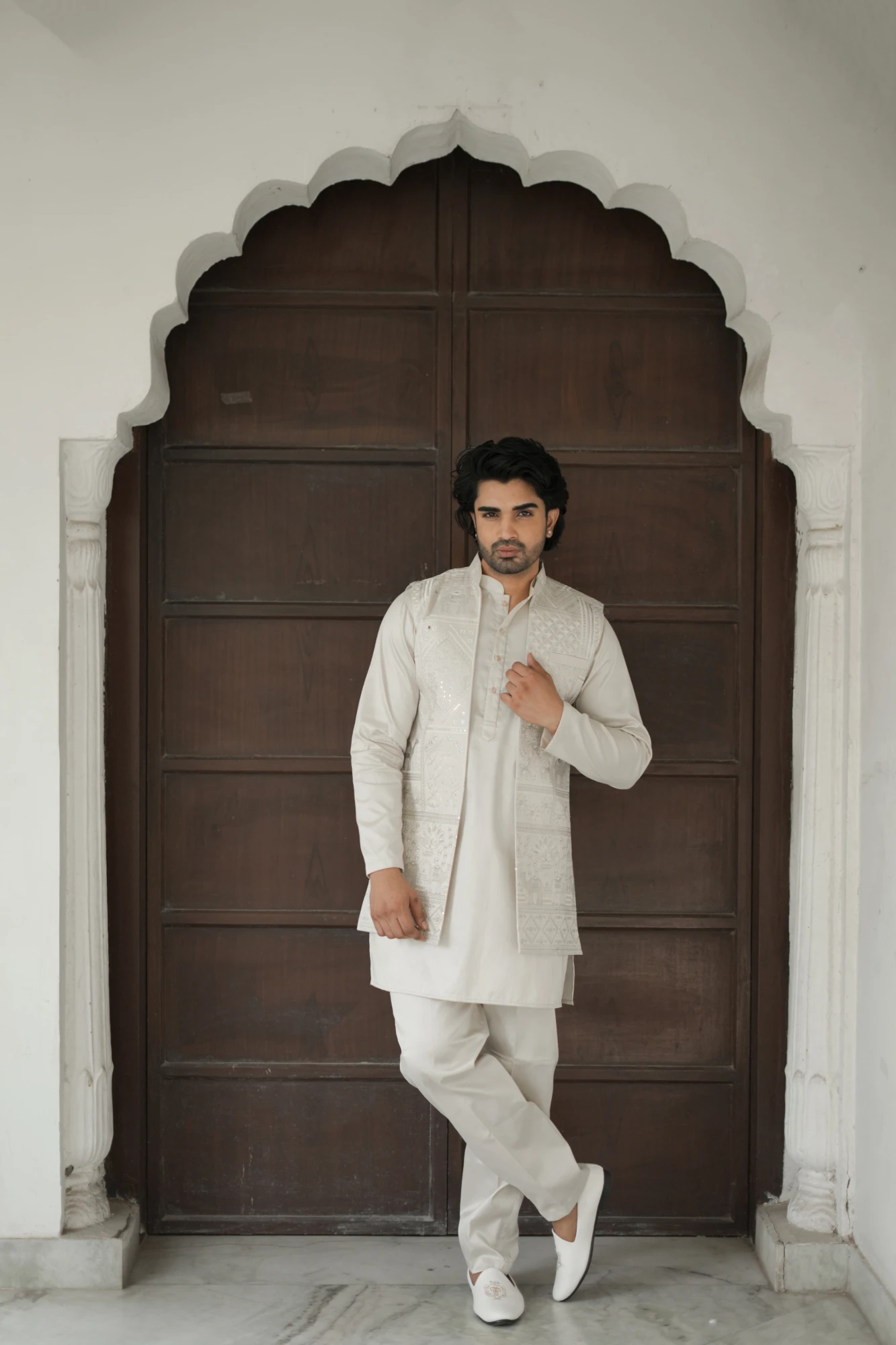 Beige Riwaayat Vastra Woven Koti Kurta Pant Set