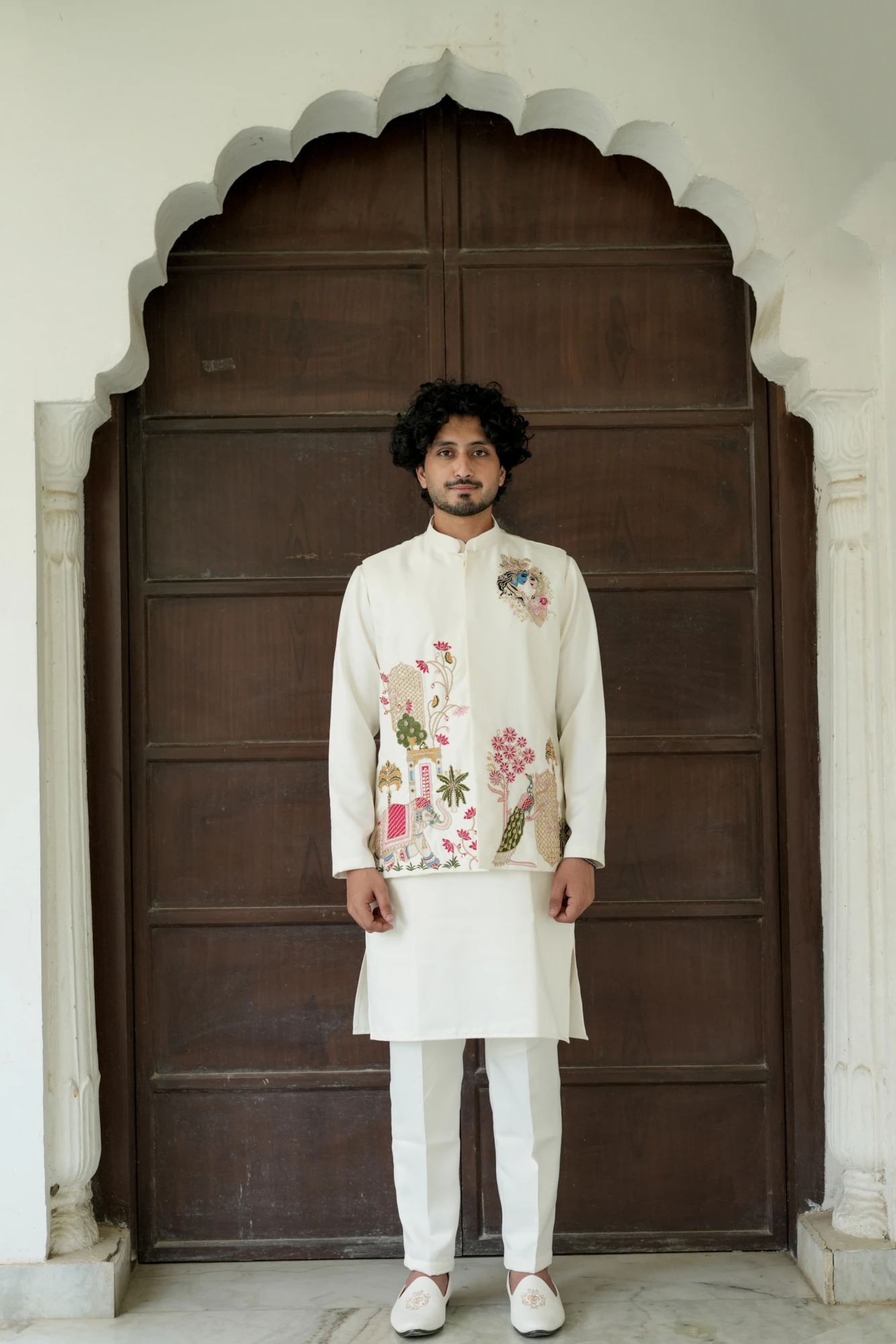 Off White Riwaayat Rangmahal Radha Krishna Koti Kurta Pant Set