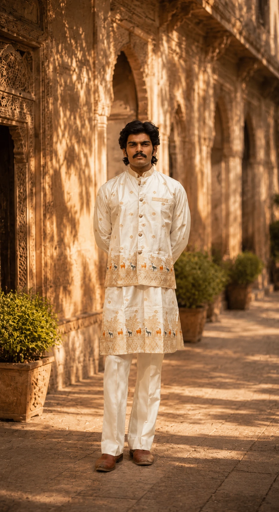 Ivory Bunaavat Pashu Baagh Jacquard Kurta with Koti