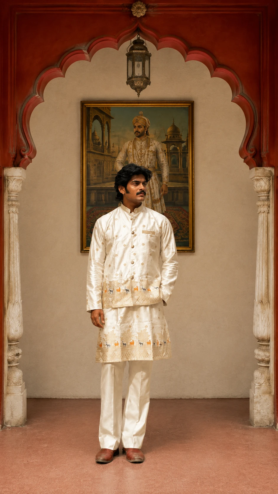 Ivory Bunaavat Pashu Baagh Jacquard Kurta with Koti