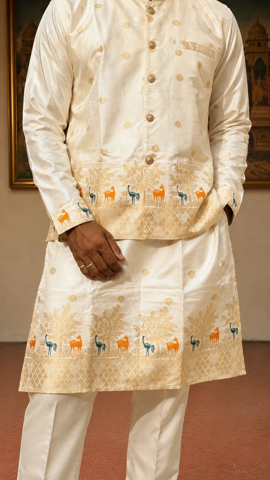 Ivory Bunaavat Pashu Baagh Jacquard Kurta with Koti - view 4