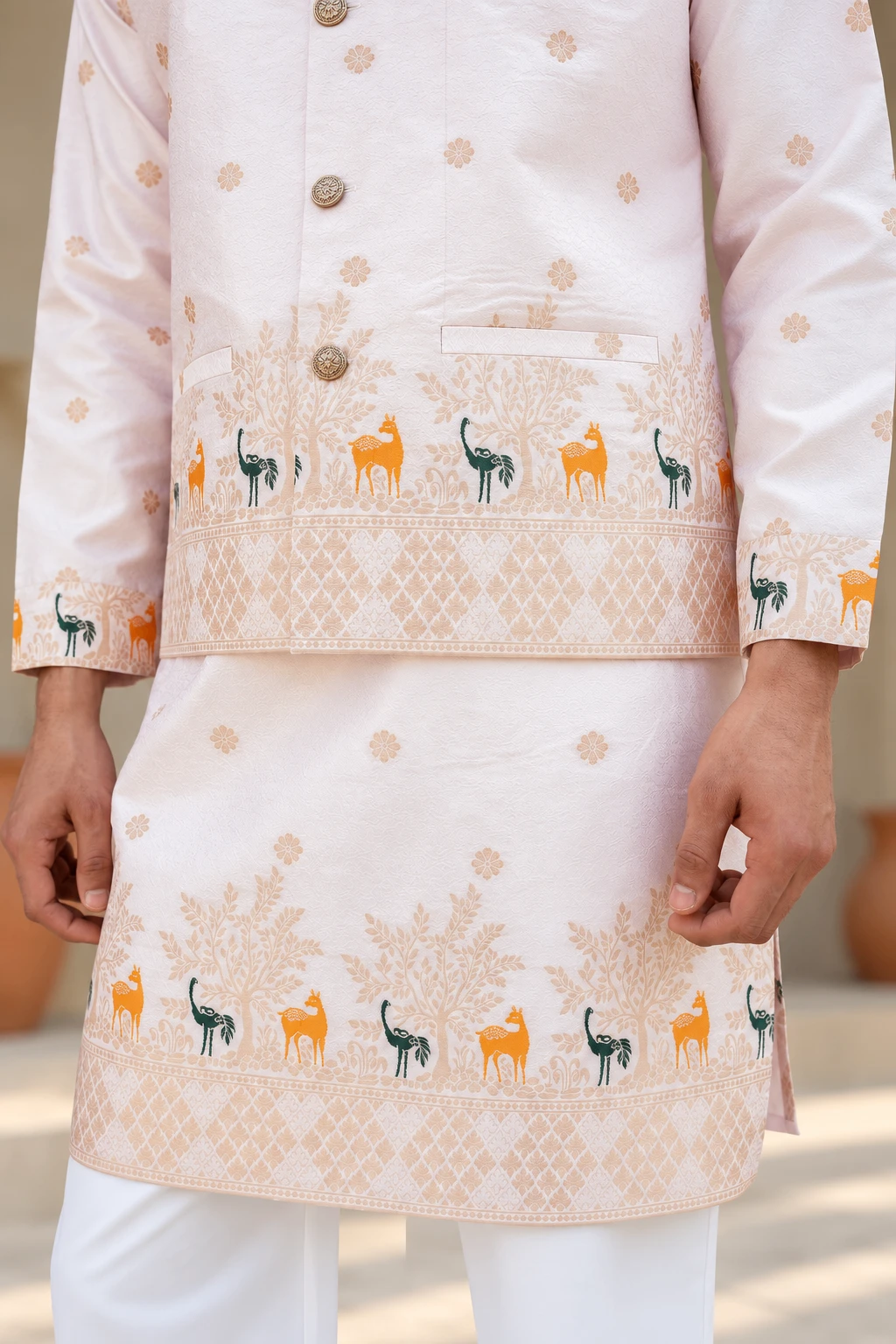 Peach Bunaavat Pashu Baagh Jacquard Koti Kurta Set - view 2