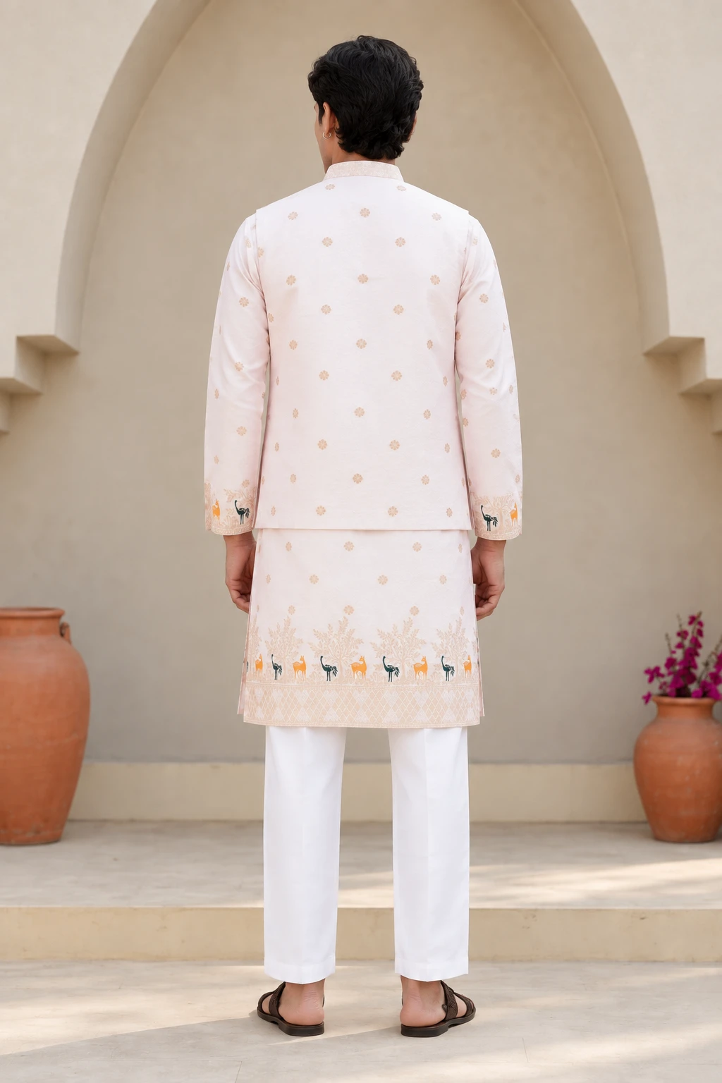 Peach Bunaavat Pashu Baagh Jacquard Koti Kurta Set - view 3