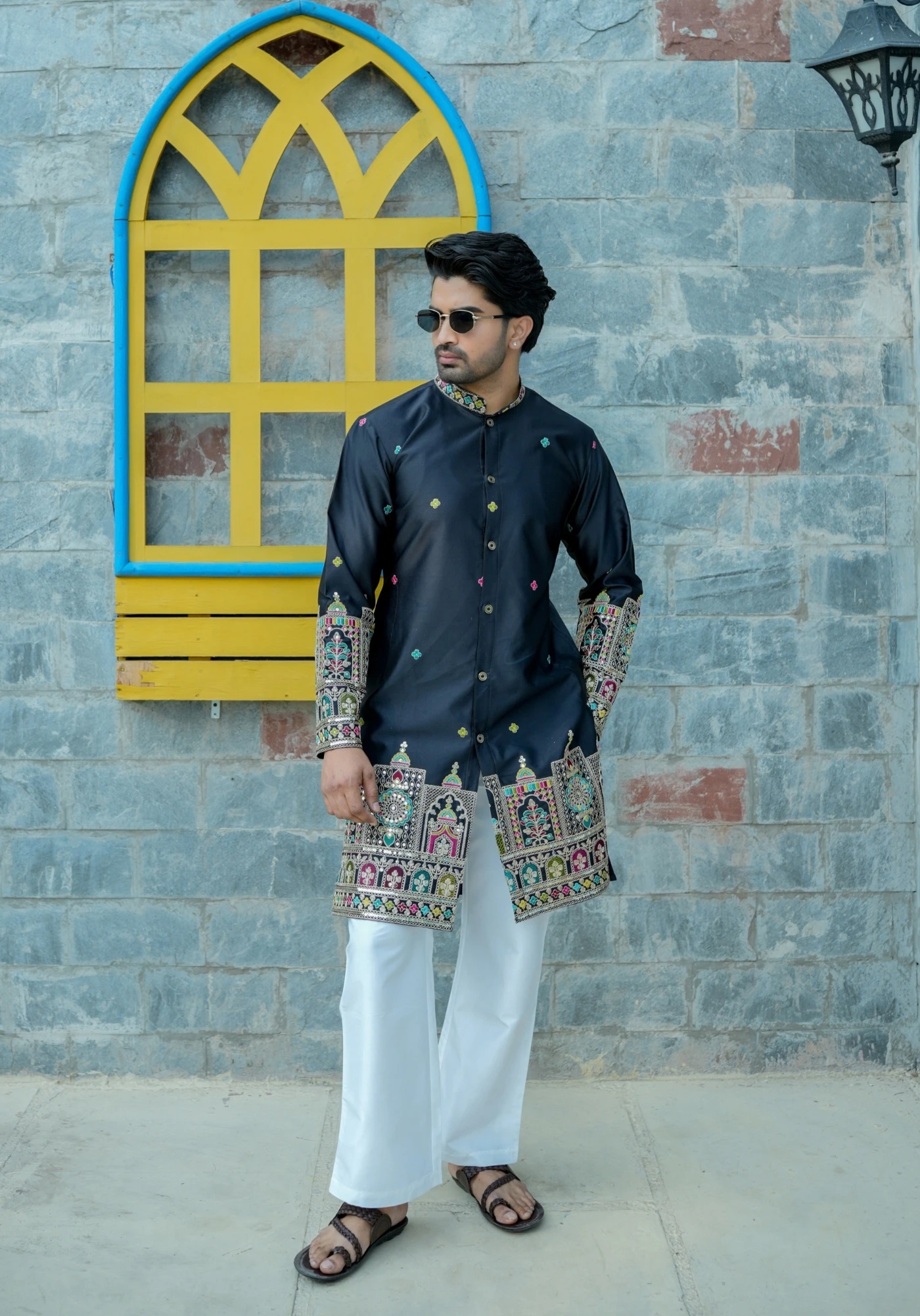 Classic Black Sheher Naqsh Front Open Embroidered Kurta - view 5