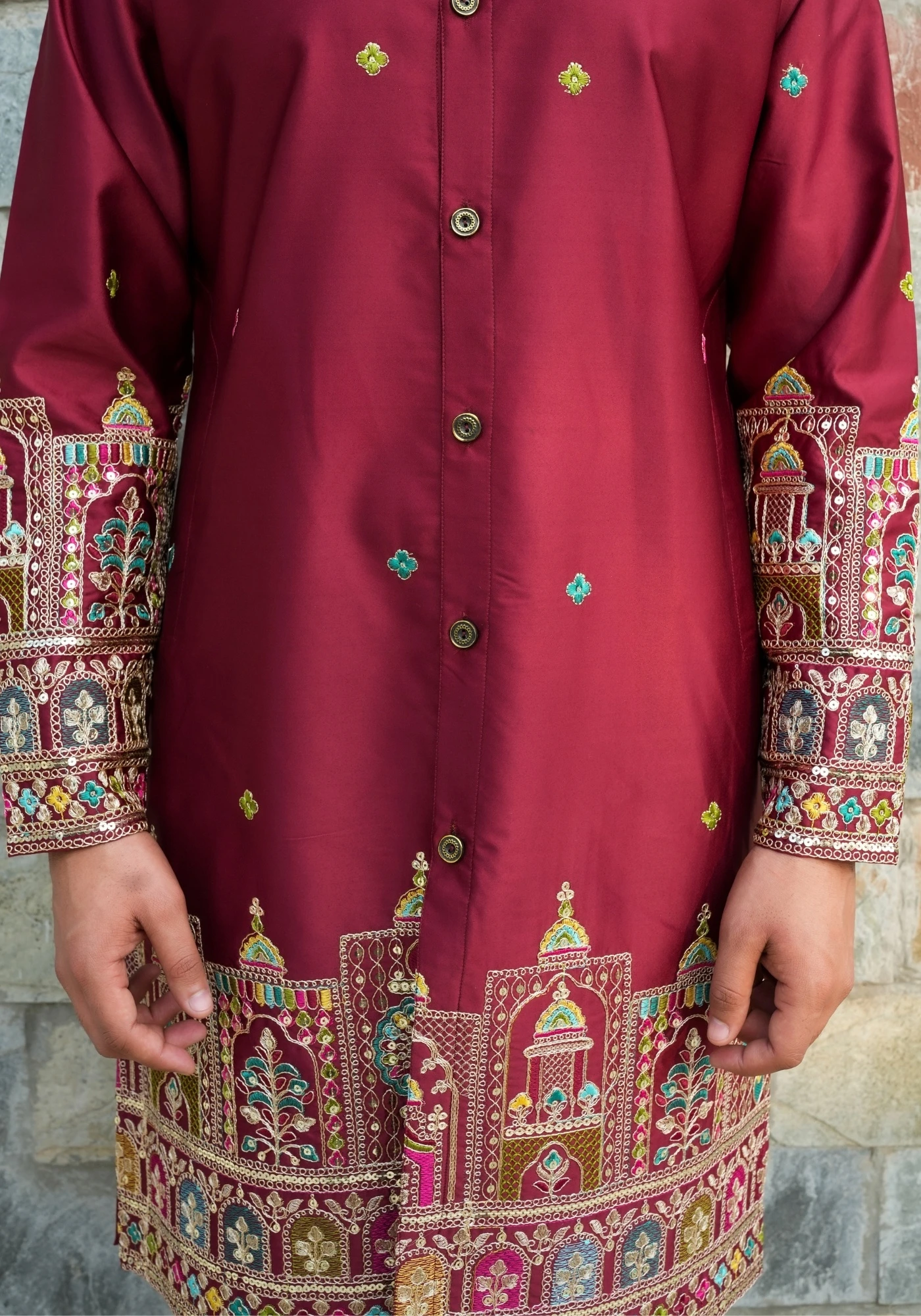 Classic Maroon Sheher Naqsh Front Open Embroidered Kurta - view 2
