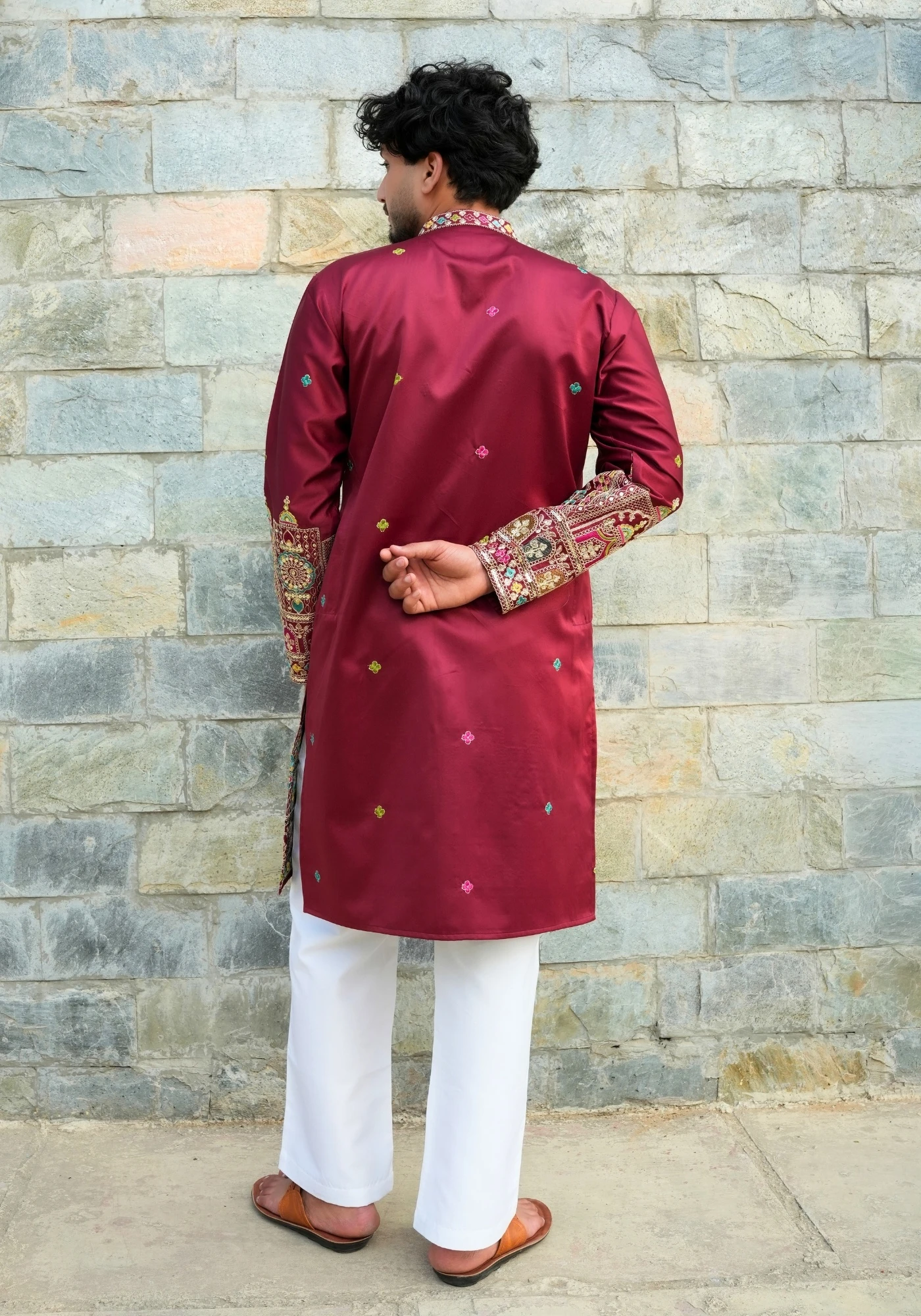 Classic Maroon Sheher Naqsh Front Open Embroidered Kurta - view 4