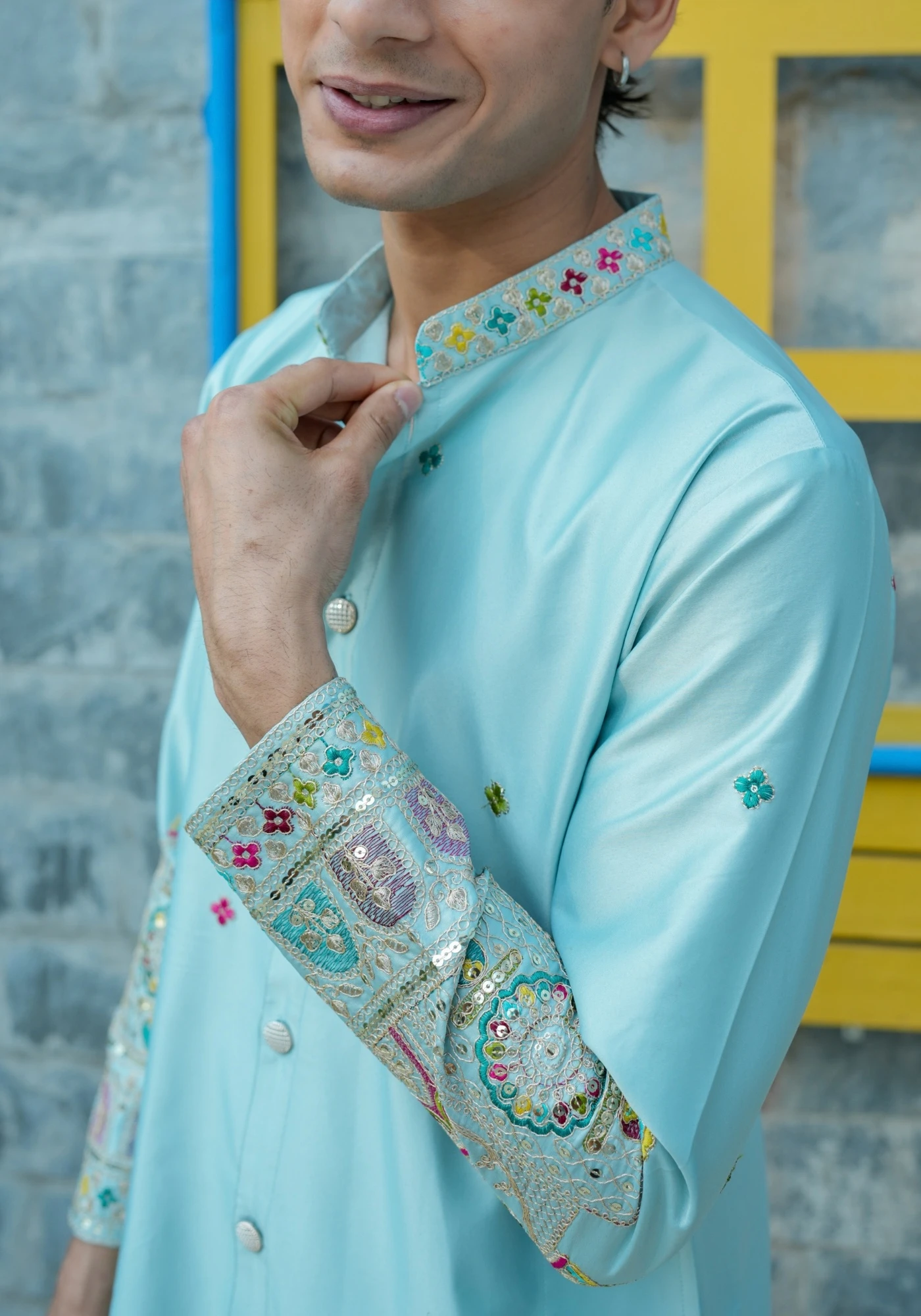 Sky Blue Sheher Naqsh Front Open Embroidered Kurta - view 2