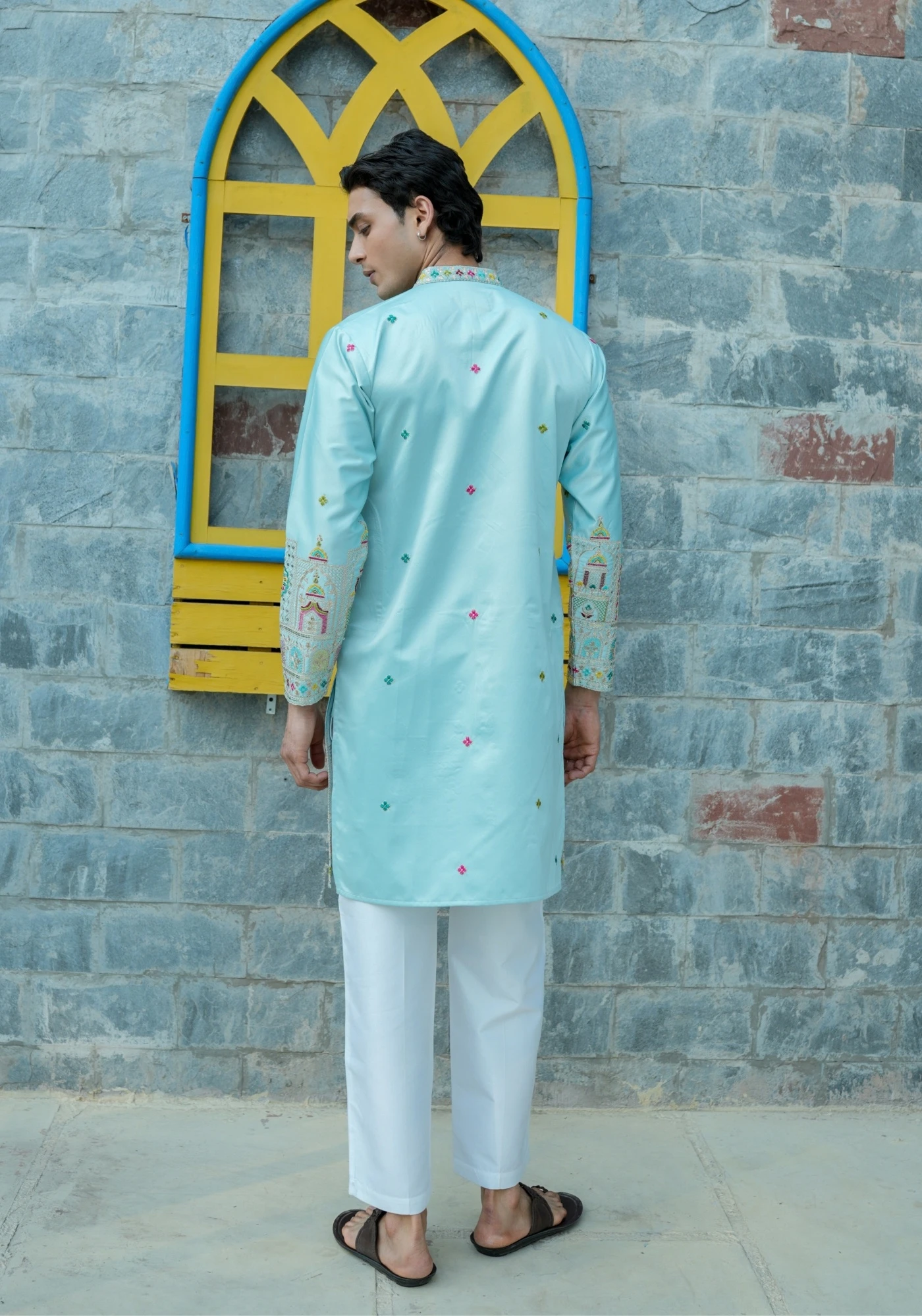 Sky Blue Sheher Naqsh Front Open Embroidered Kurta - view 3