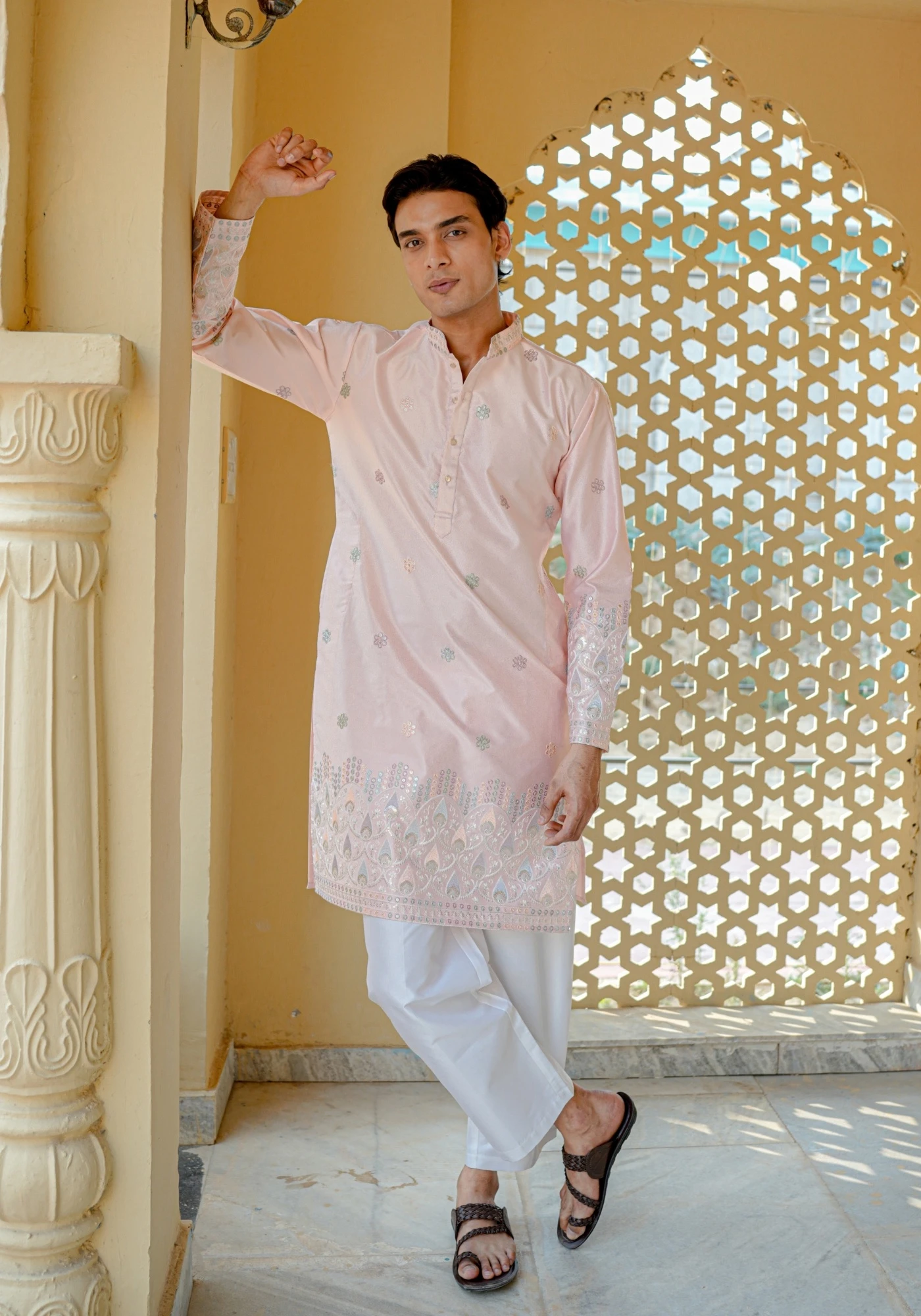 Light Pink Nazakat Noorbuti Embroidered Kurta - view 4
