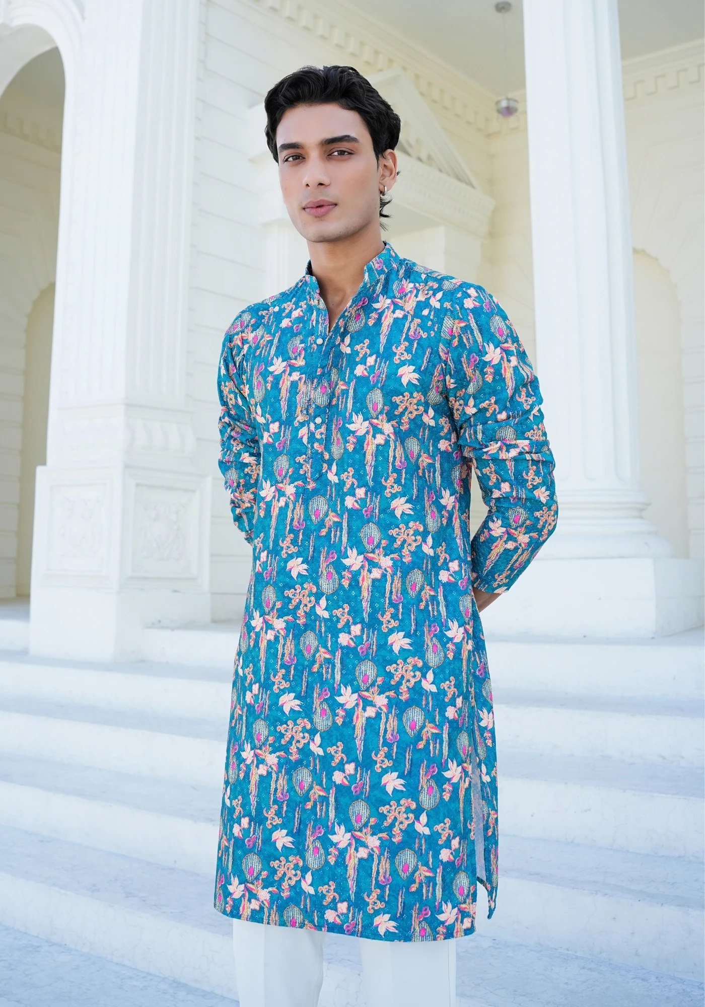 Teal Blue Raang Katha Chitralekha Printed Kurta - view 4