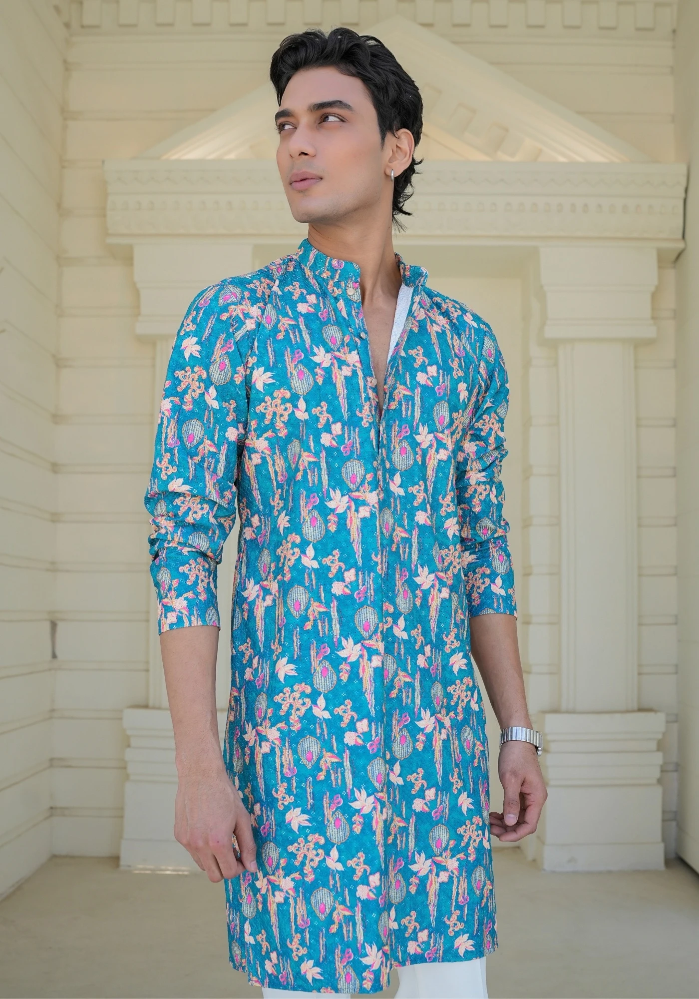 Teal Blue Raang Katha Chitralekha Printed Kurta - view 5
