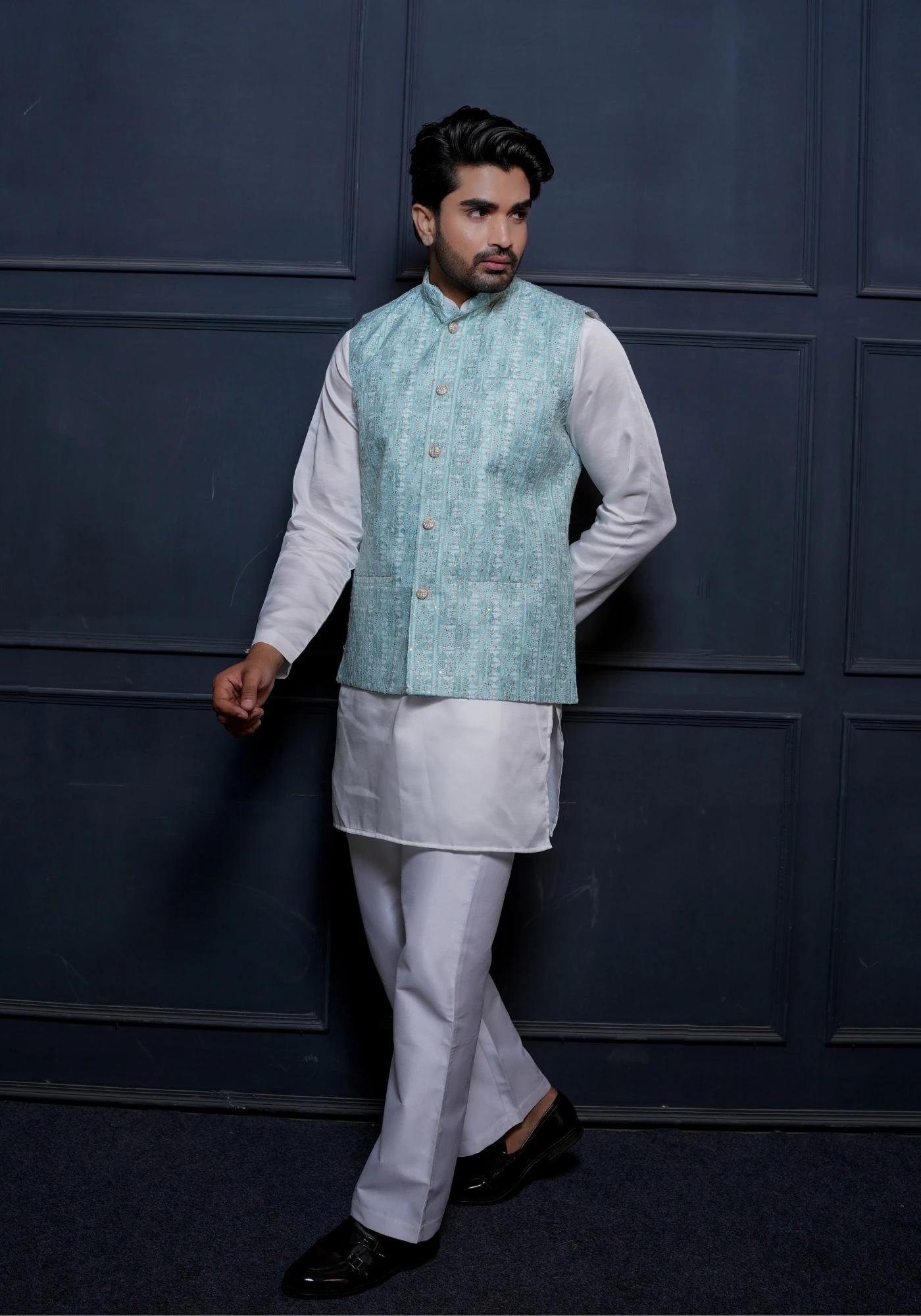 Seagreen Riwaayat Sequin Embroidered Koti with Kurta - view 5