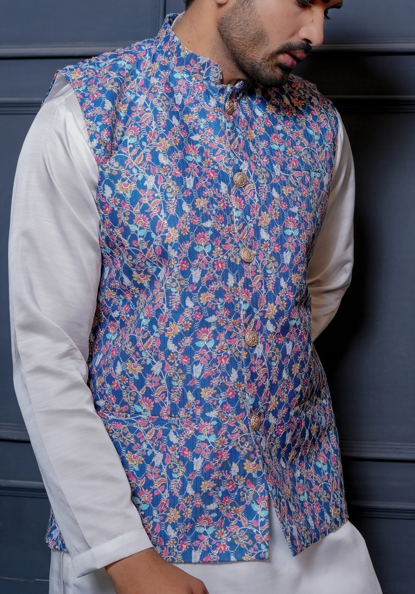 Royal Blue Riwaayat Sequin Embroidered Koti with Kurta - view 2