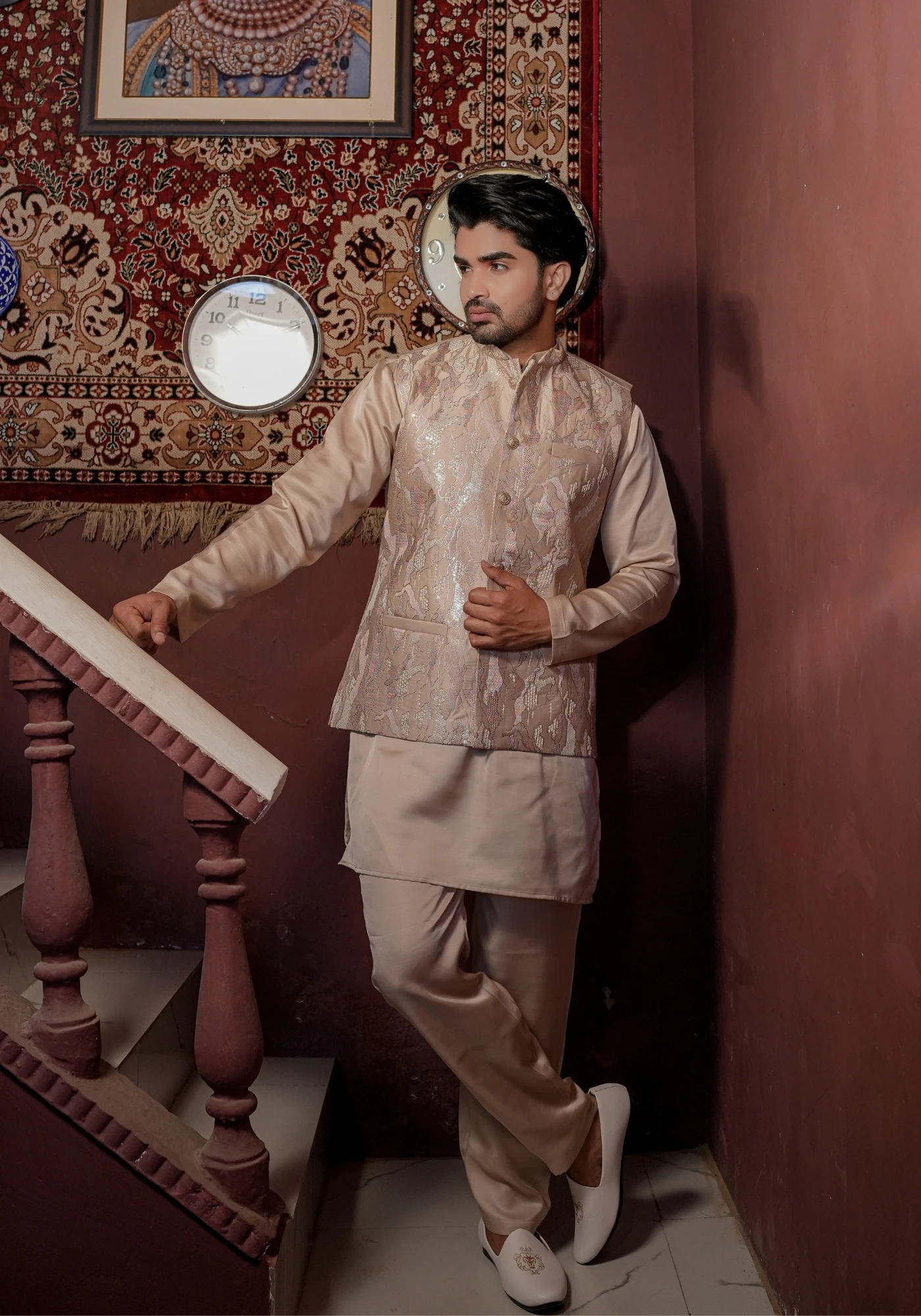 Coffee Riwaayat Marbelle Textured Embroidered Koti Kurta Pant Set - view 1