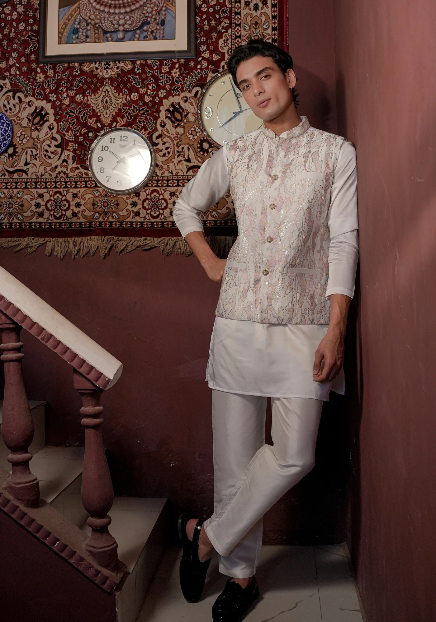 Ivory Riwaayat Marbelle Textured Embroidered Koti Kurta Pant Set - view 1
