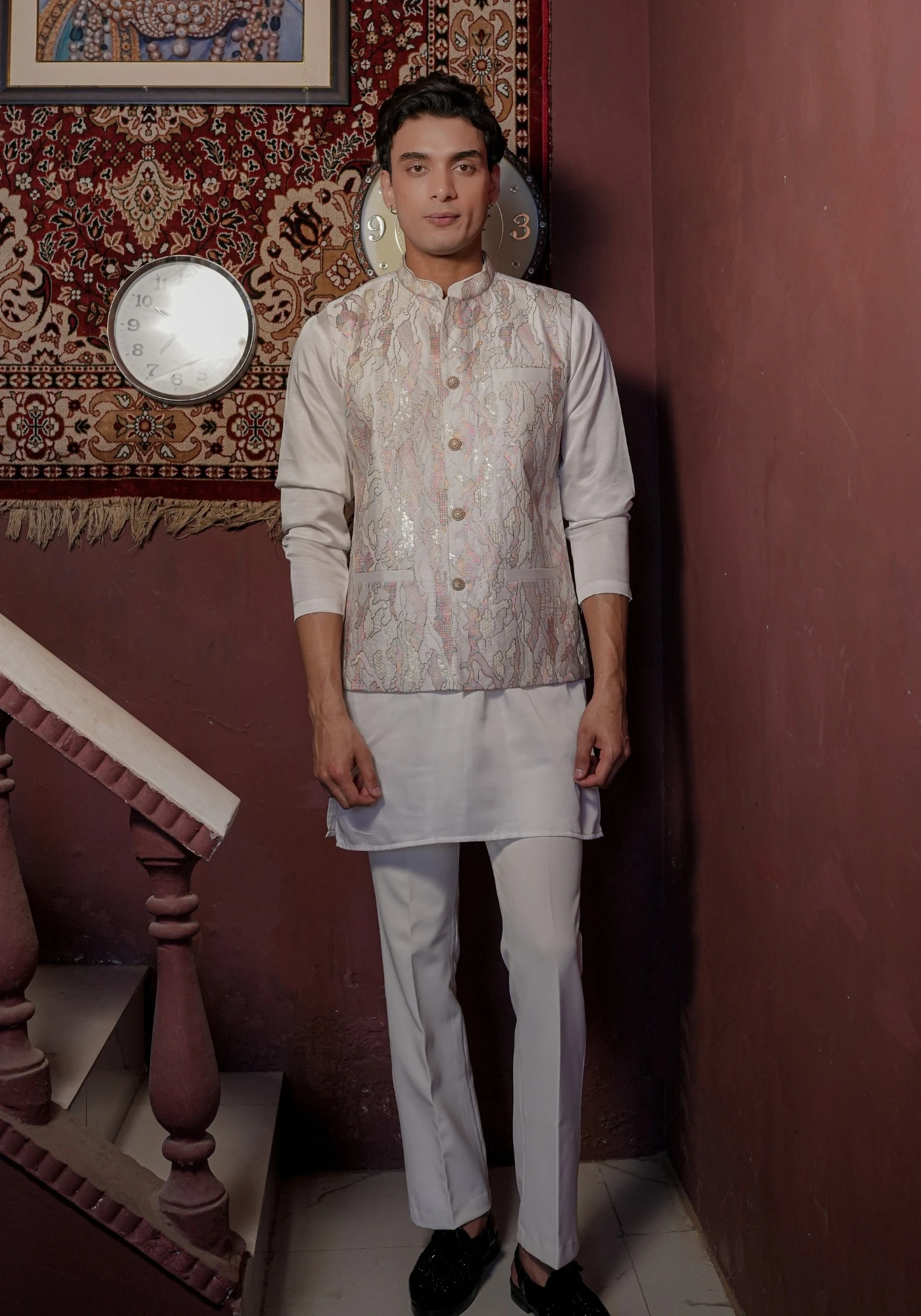 Ivory Riwaayat Marbelle Textured Embroidered Koti Kurta Pant Set - view 5