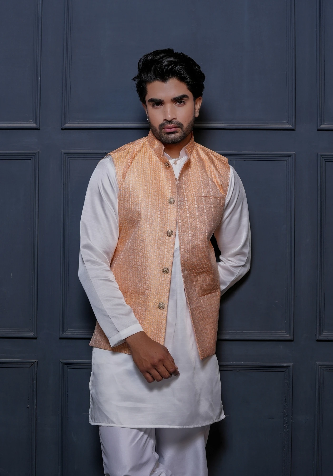 Peach Riwaayat Rekha Woven Koti with Kurta - view 1