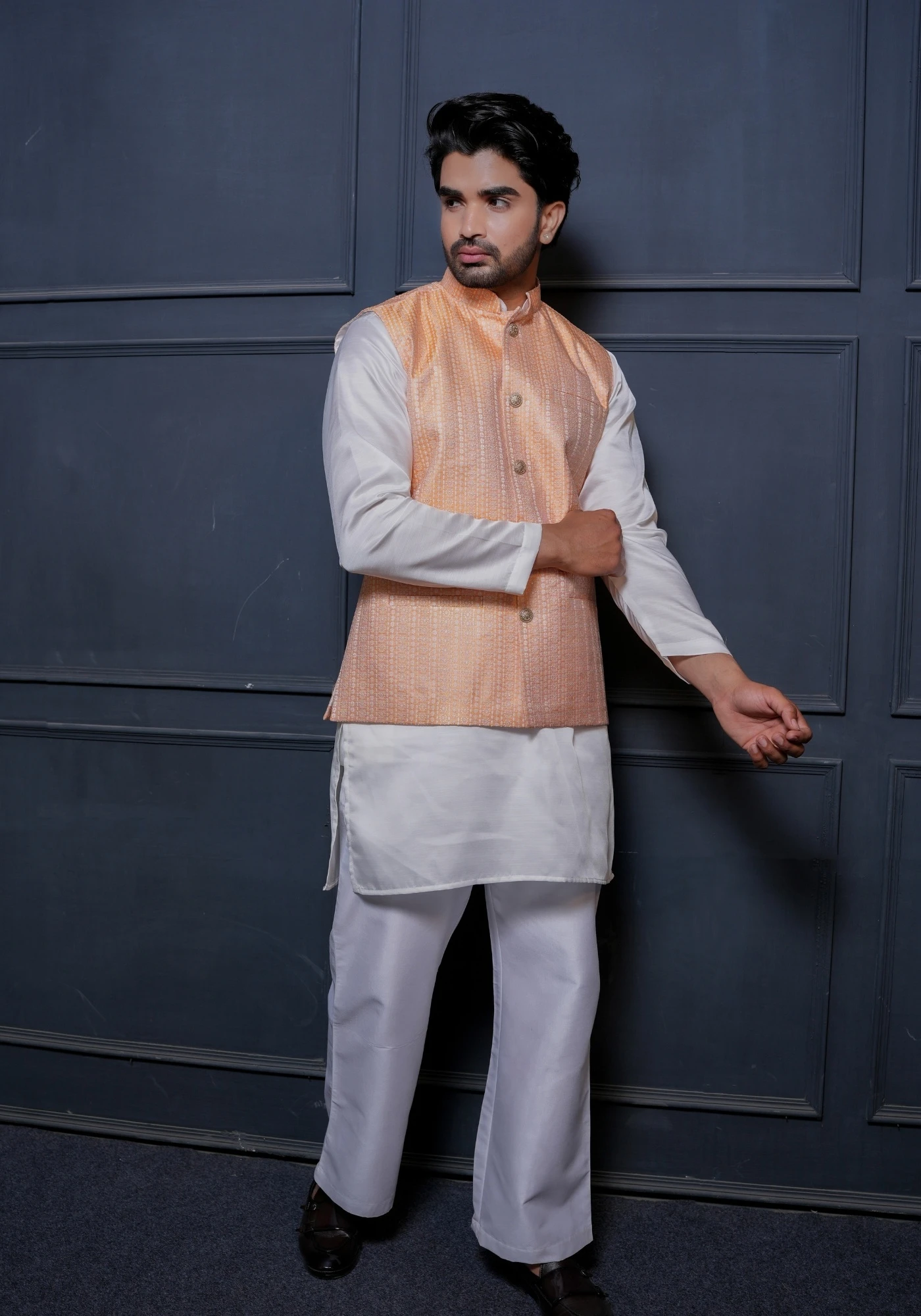 Peach Riwaayat Rekha Woven Koti with Kurta - view 4