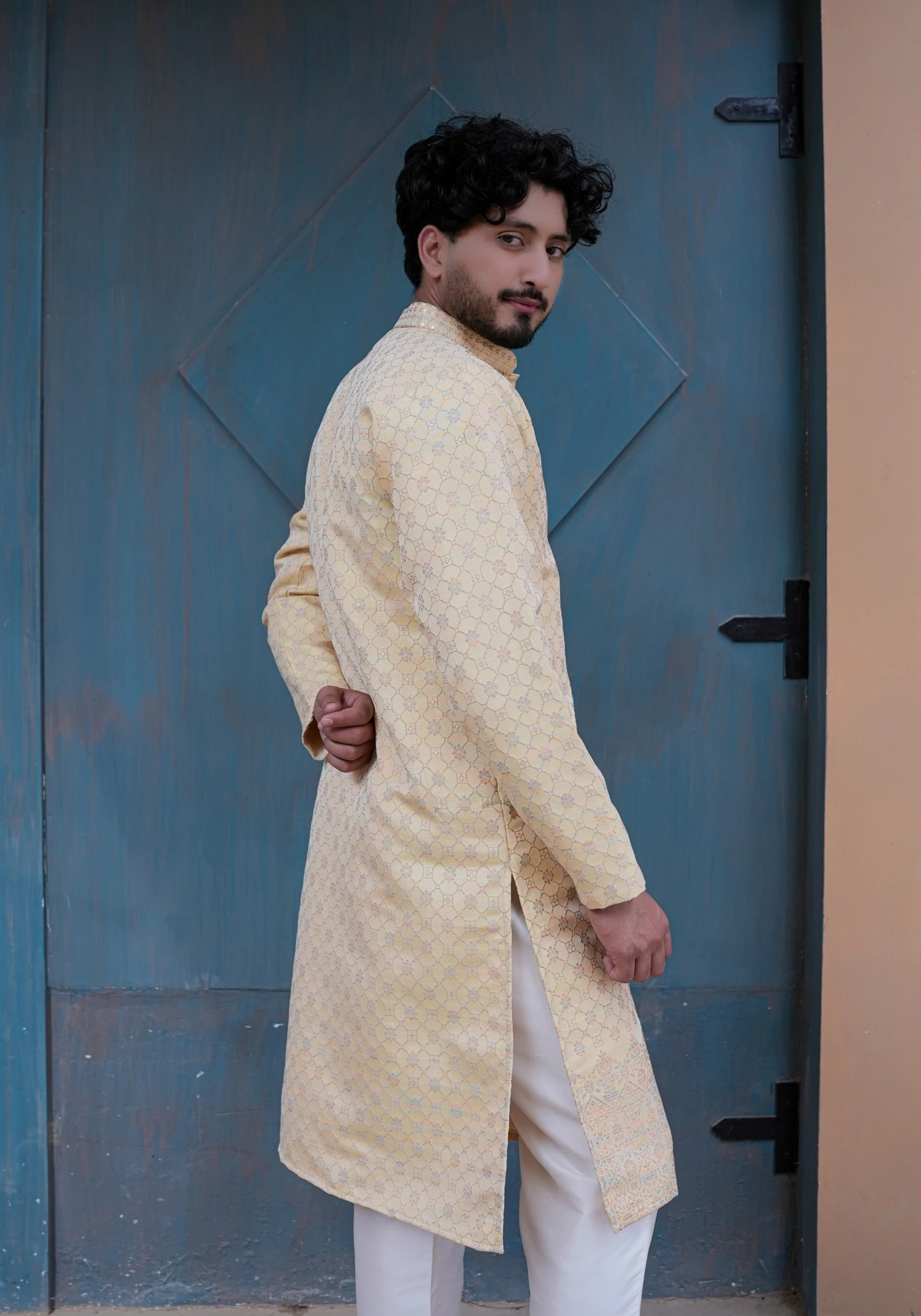 Butter Yellow Nazakat Belrekha Jacquard Kurta - view 3