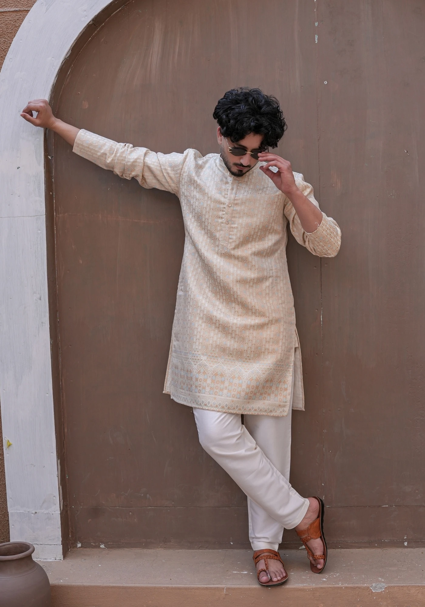 Beige Nazakat Belrekha Jacquard Kurta - view 1