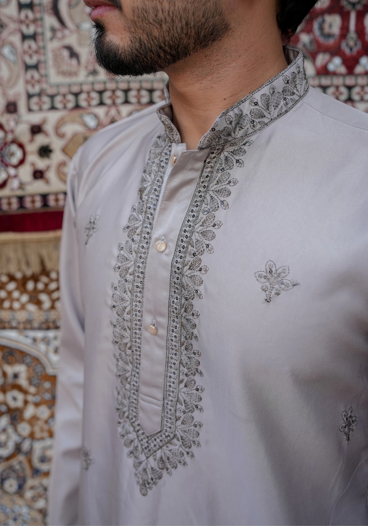 Smoke Grey Gulzar Naqsh Embroidered Kurta - view 4