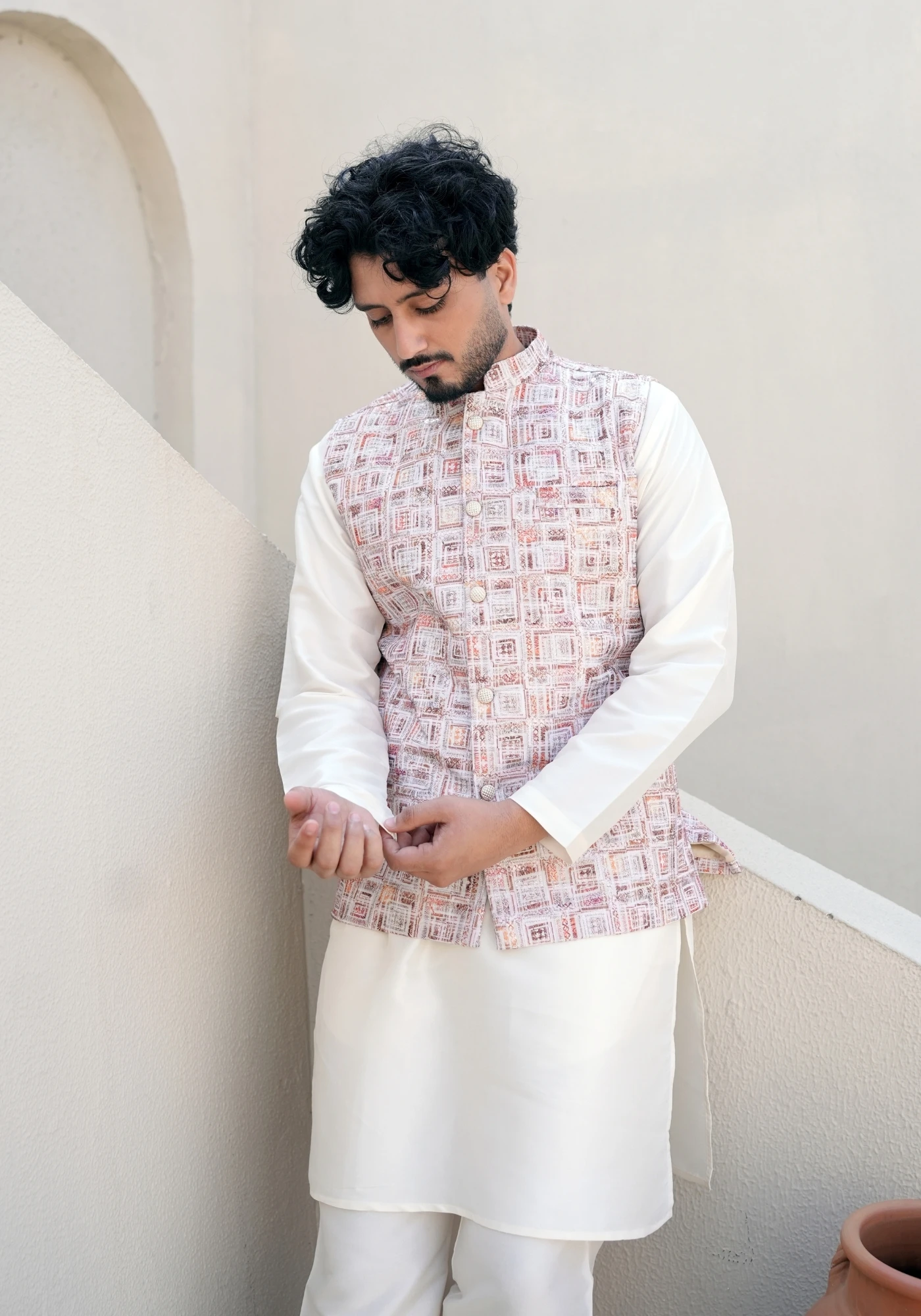 Blush Riwaayat Gulchowk Woven Koti Kurta Pant Set - view 1