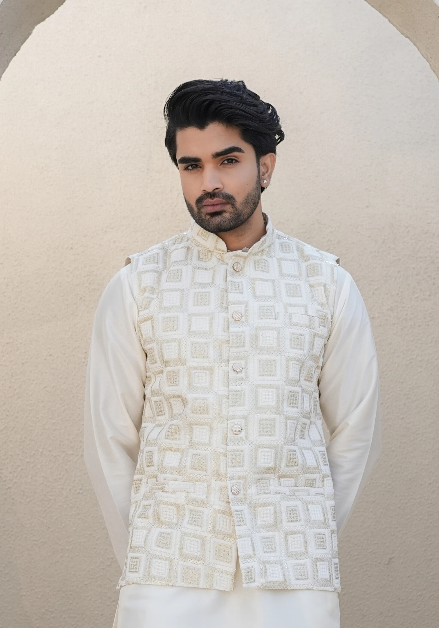 Cream Riwaayat Gulchowk Woven Koti Kurta Pant Set - view 2