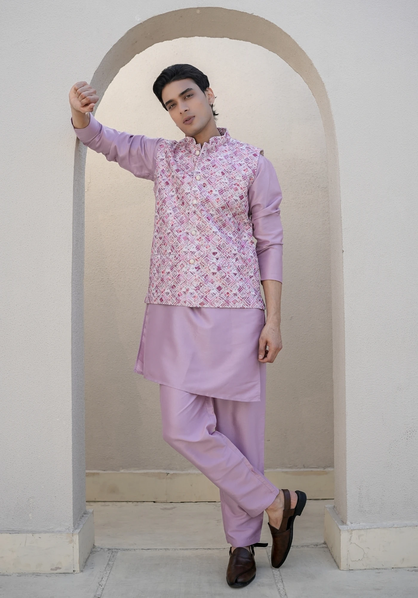 Lavender Riwaayat Gulchowk Woven Koti Kurta Pant Set - view 1