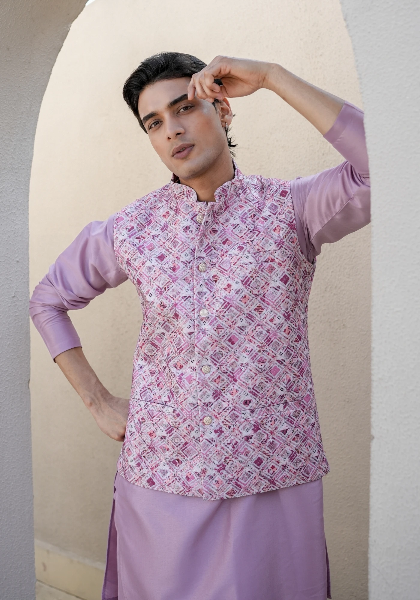 Lavender Riwaayat Gulchowk Woven Koti Kurta Pant Set - view 4