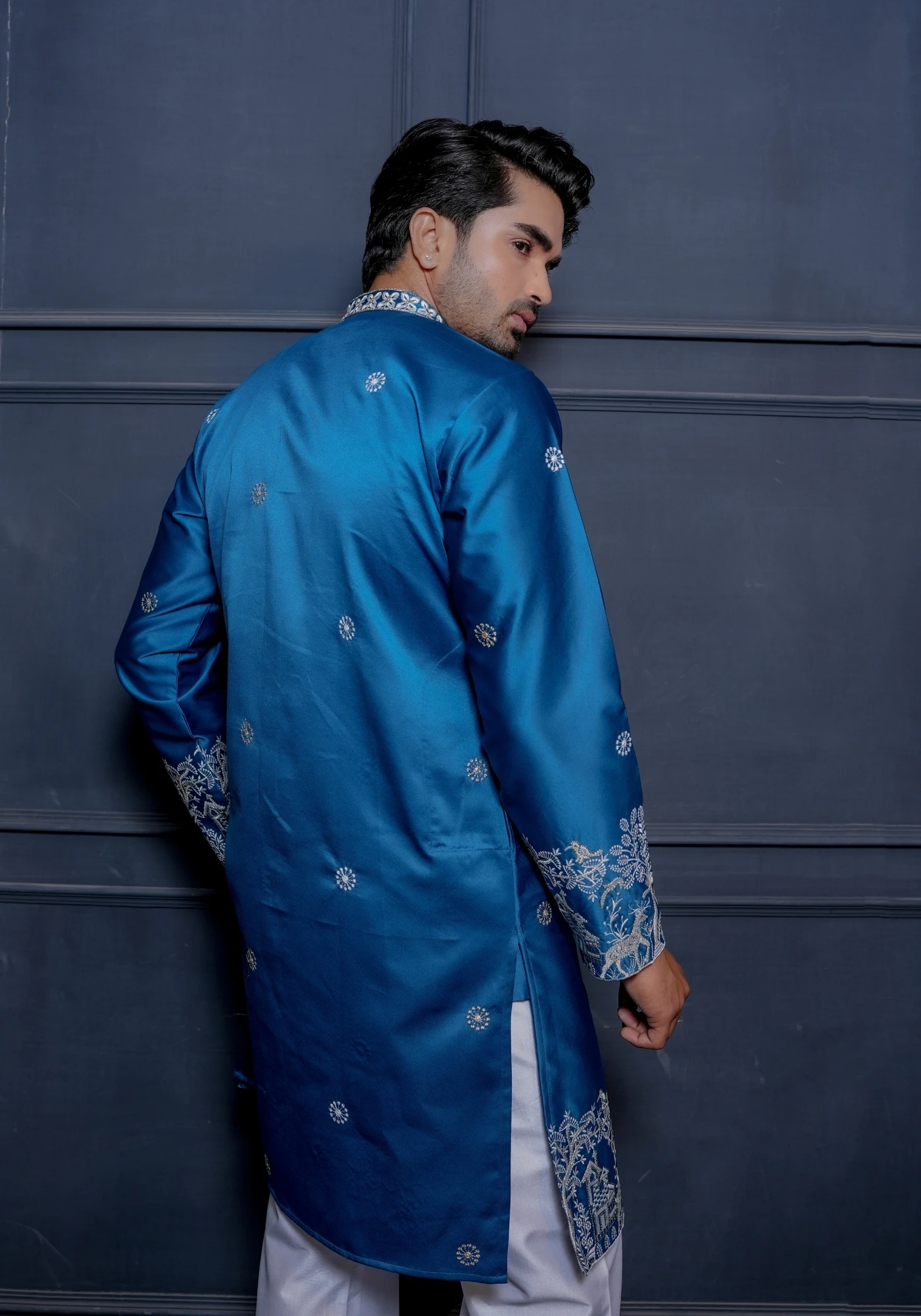 Royal Blue Sheher Baagh Front Open Embroidered Kurta - view 3