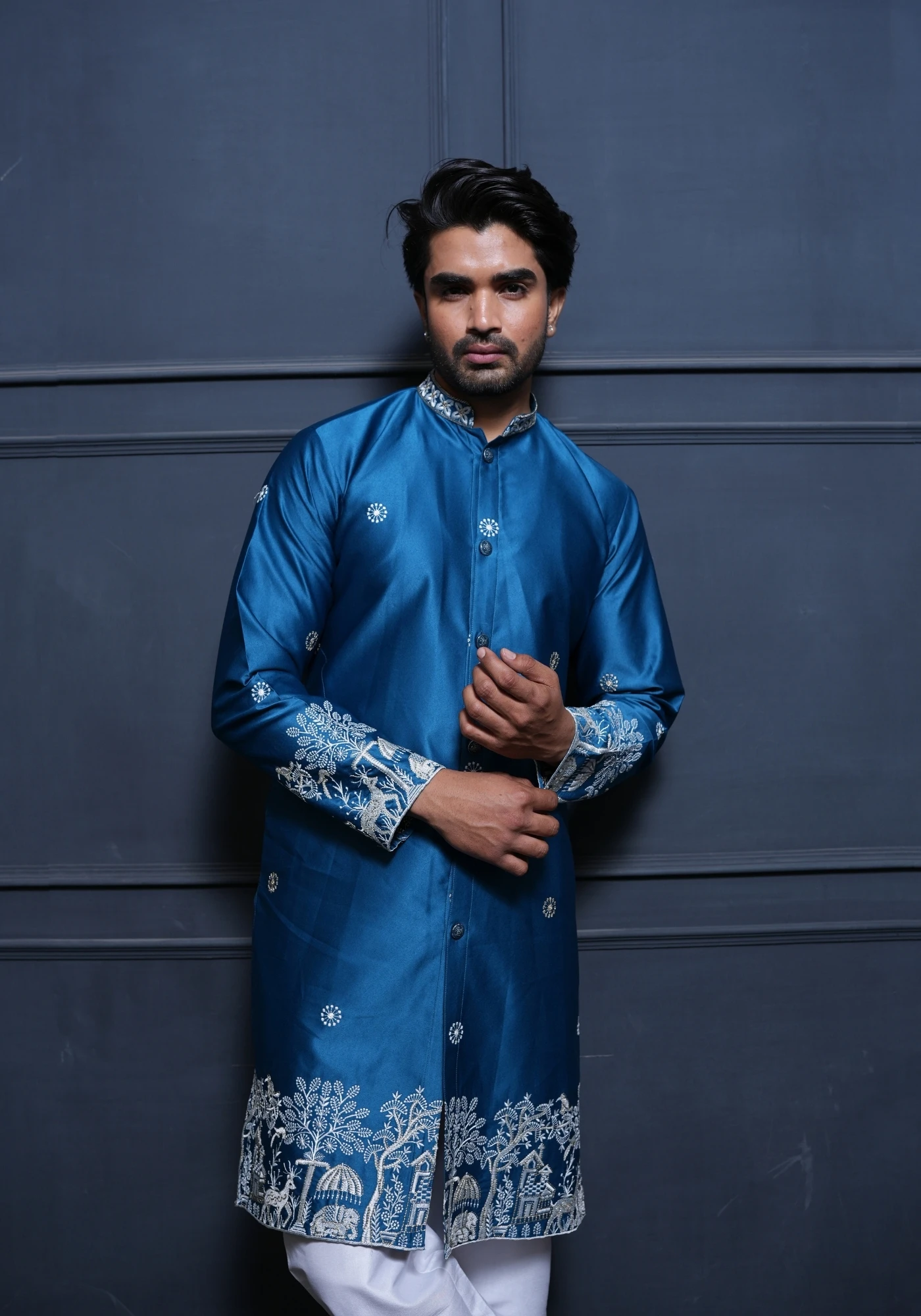 Royal Blue Sheher Baagh Front Open Embroidered Kurta - view 4