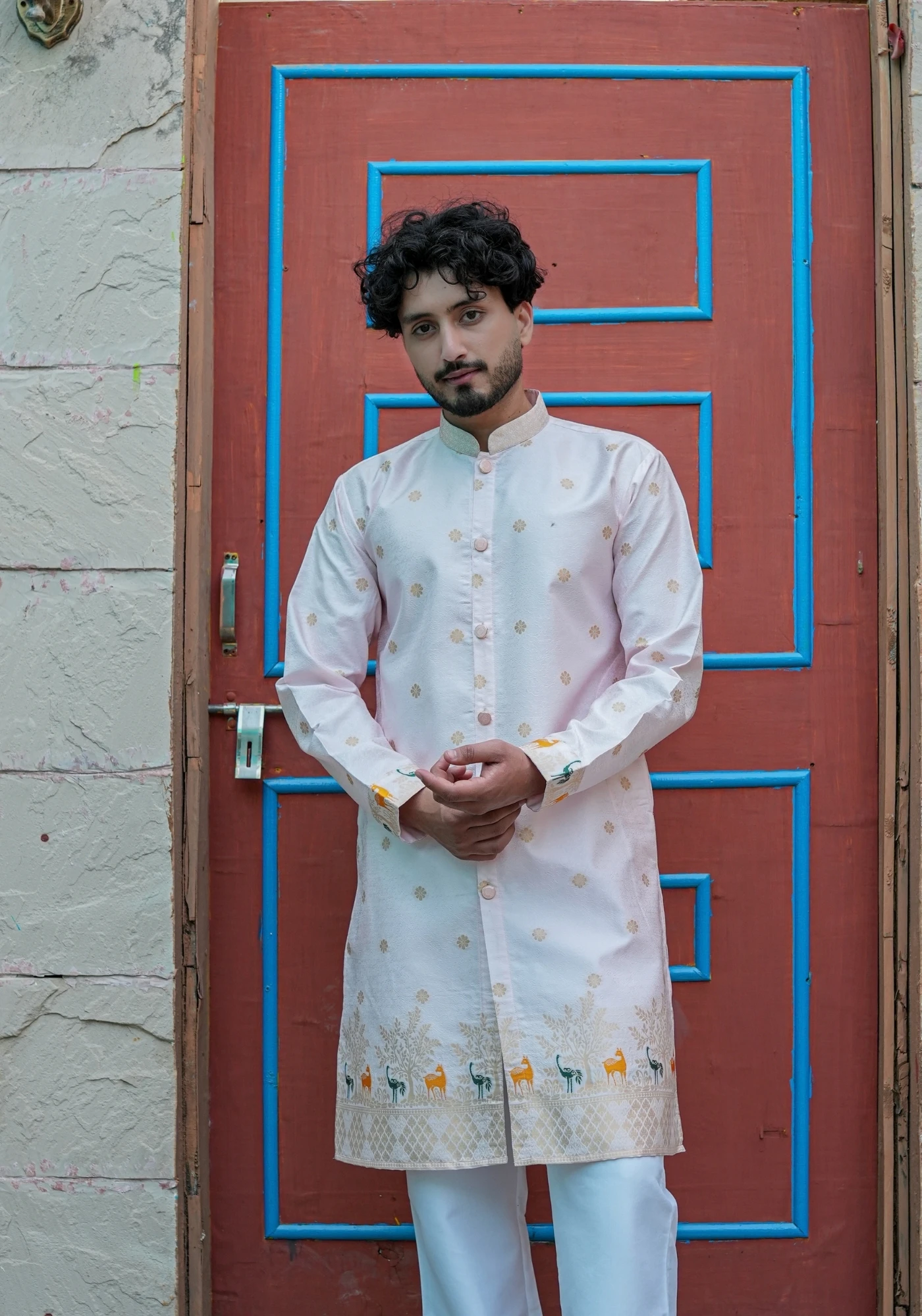 Pink Bunaavat Pashu Baagh Jacquard Front Open Kurta - view 1