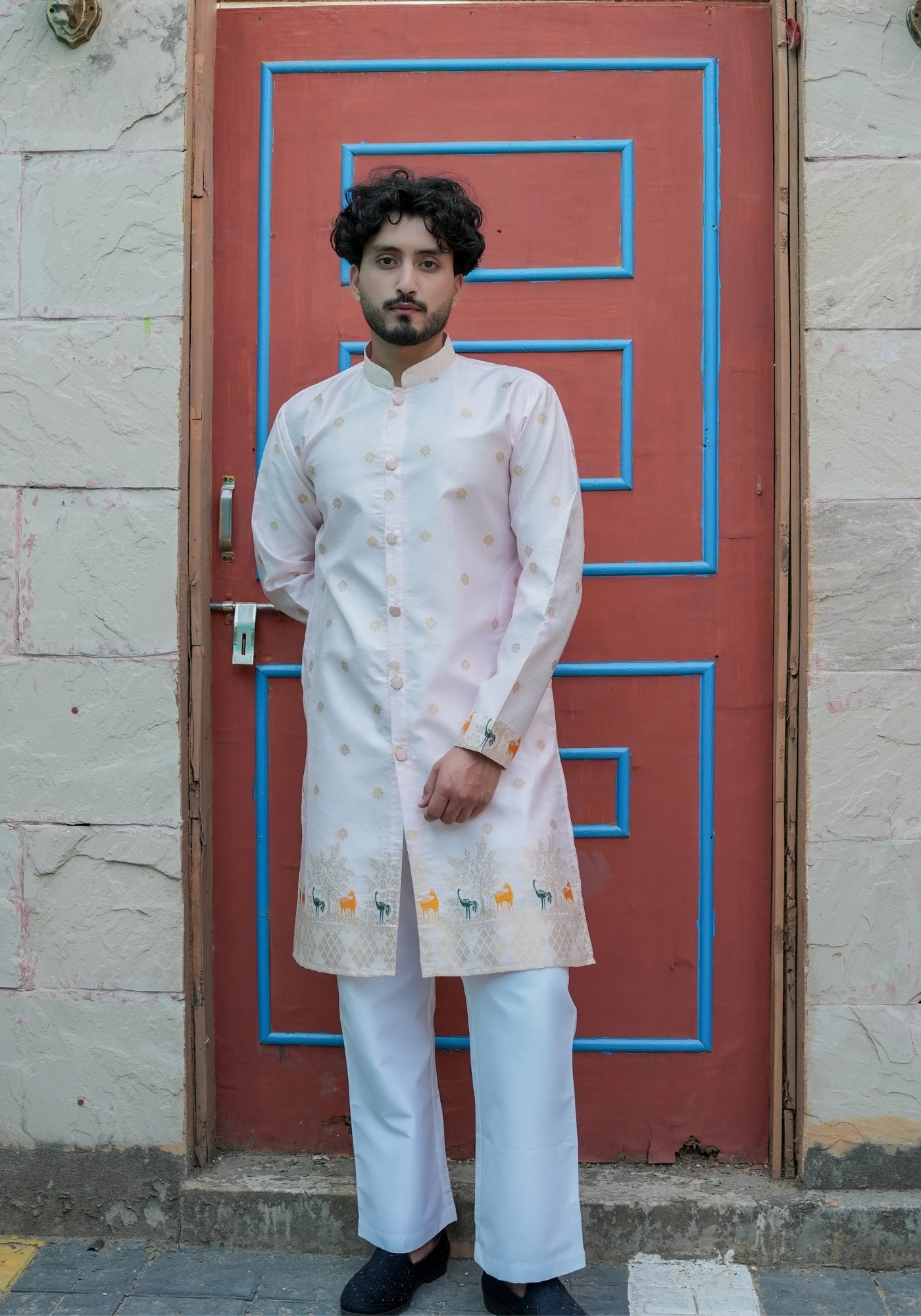 Pink Bunaavat Pashu Baagh Jacquard Front Open Kurta - view 4