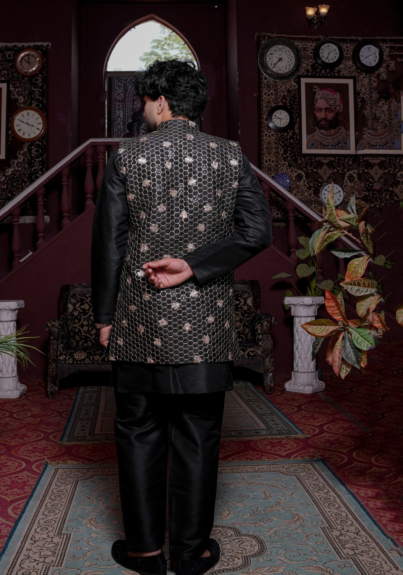 Black Riwaayat Vastra Silk Blend Long Koti with Kurta and Pant Set - view 3