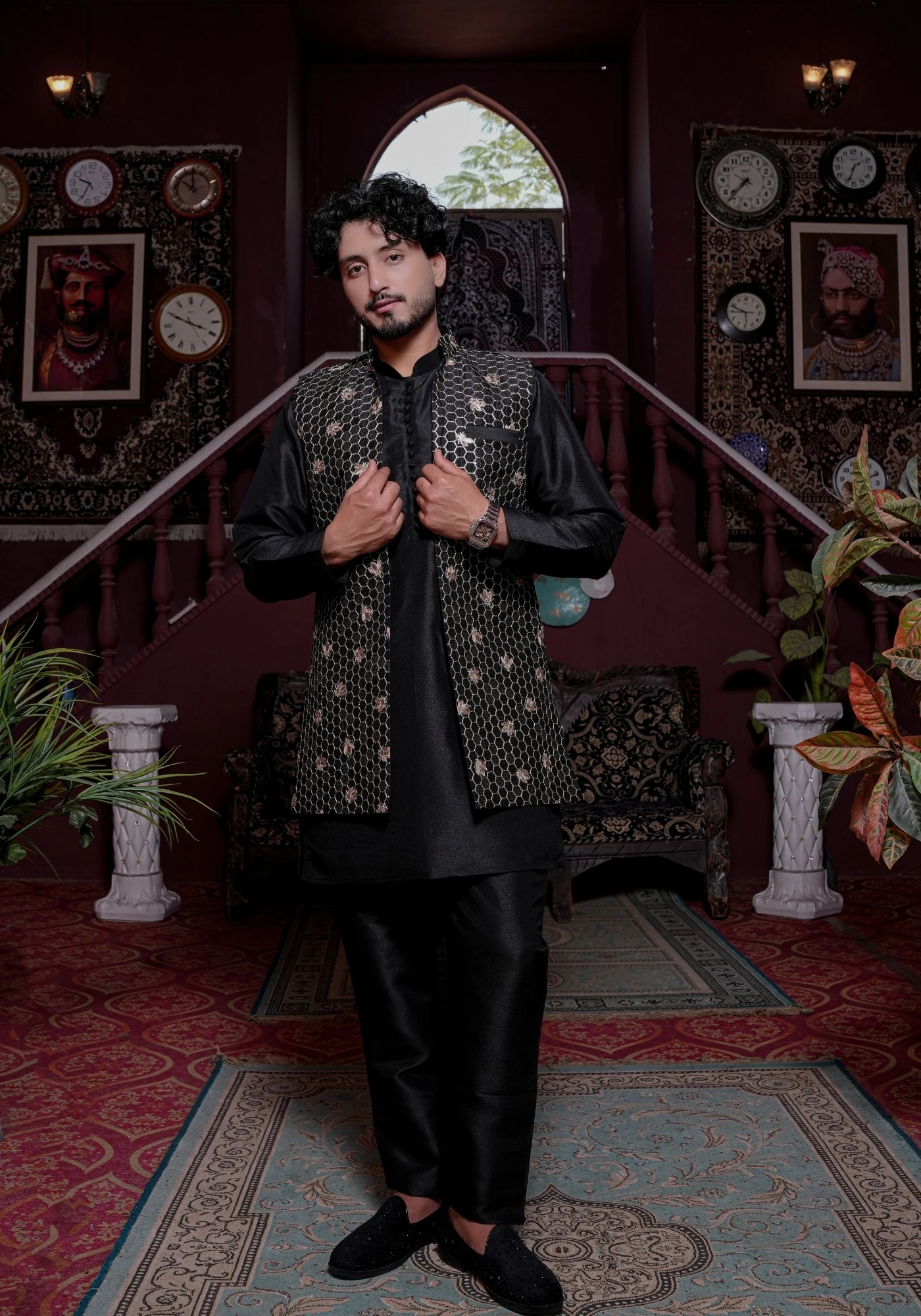 Black Riwaayat Vastra Silk Blend Long Koti with Kurta and Pant Set - view 5