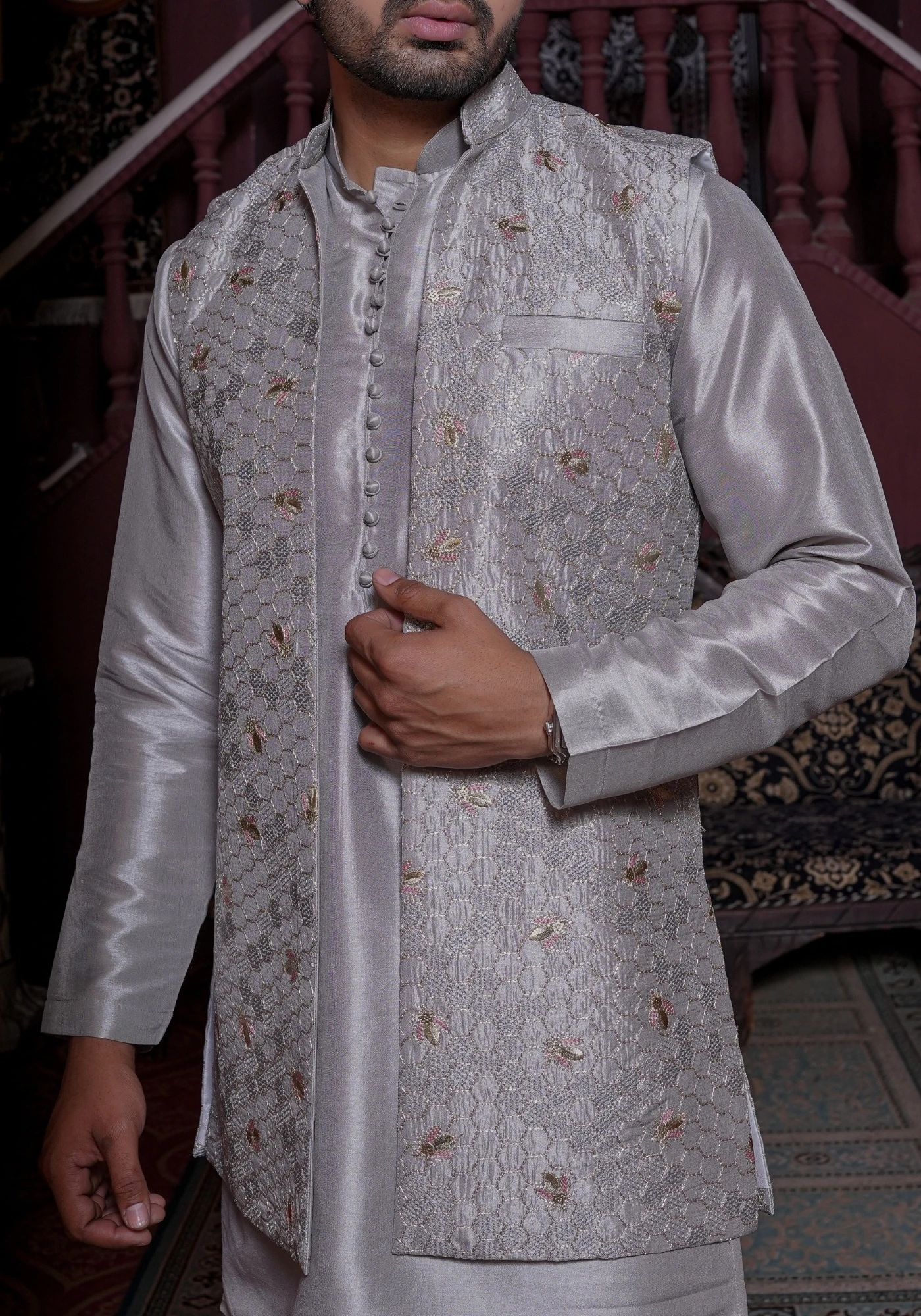 Grey Riwaayat Vastra Silk Blend Long Koti with Kurta and Pant Set - view 2