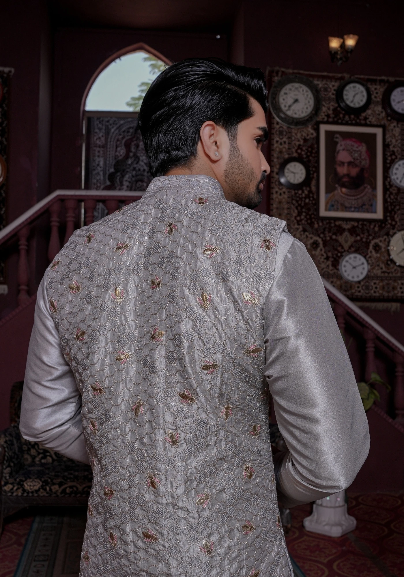 Grey Riwaayat Vastra Silk Blend Long Koti with Kurta and Pant Set - view 3
