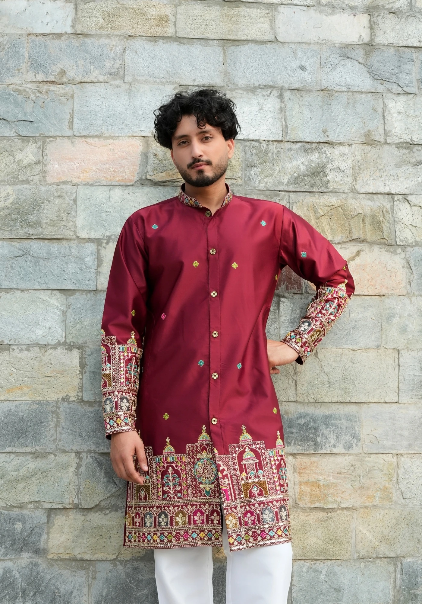 Classic Maroon Sheher Naqsh Front Open Embroidered Kurta - view 1