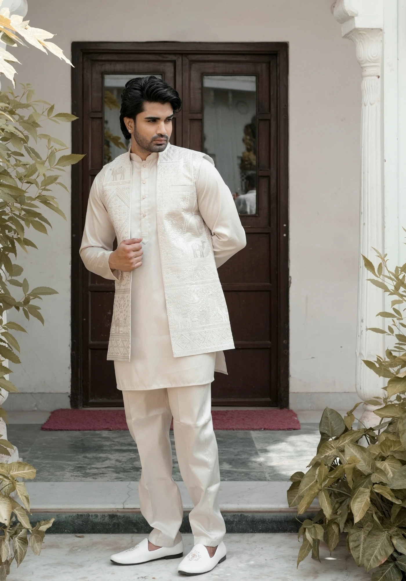 Beige Riwaayat Vastra Embroidered Long Koti with Kurta and Pant Set