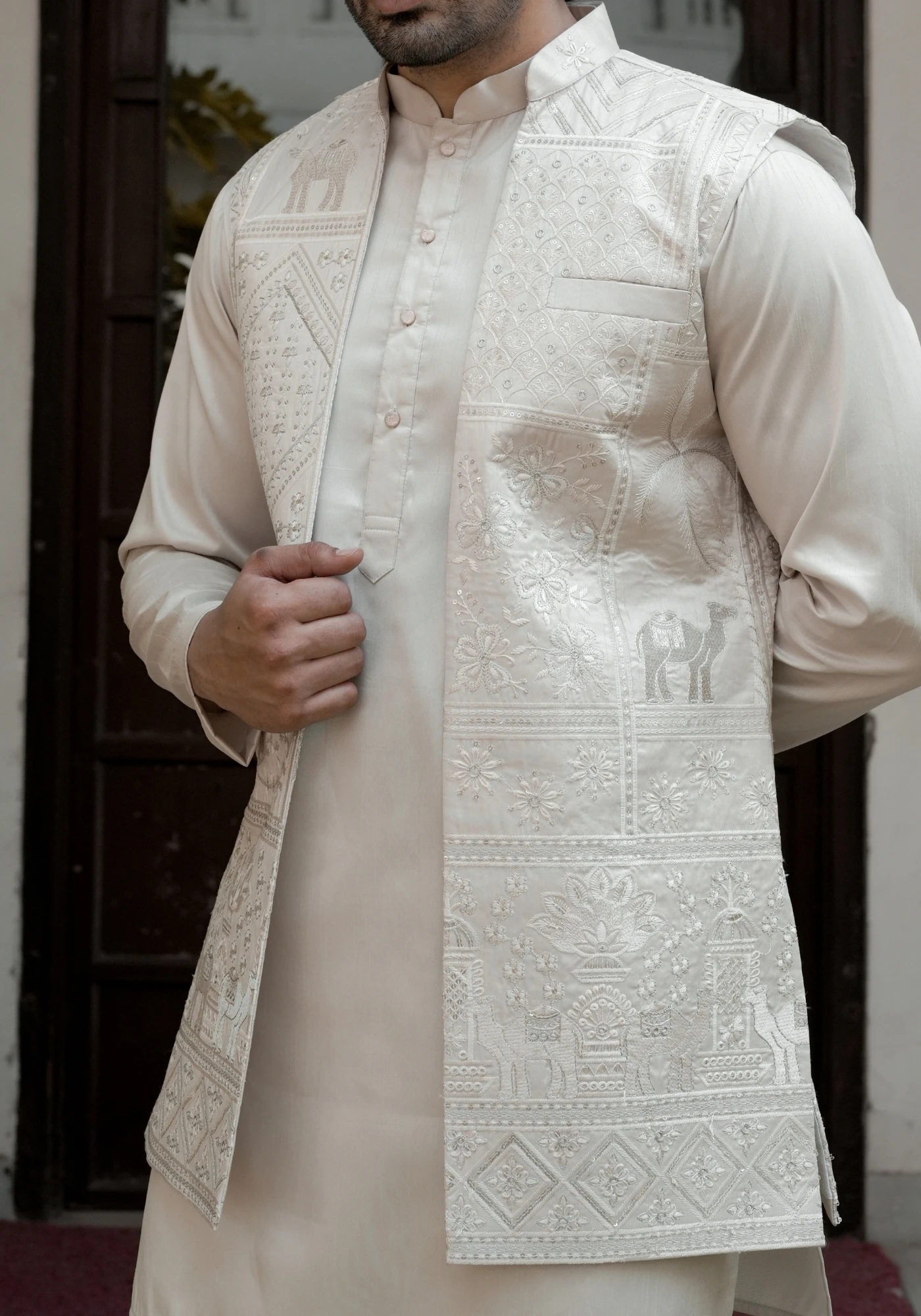 Beige Riwaayat Vastra Embroidered Long Koti with Kurta and Pant Set - view 2