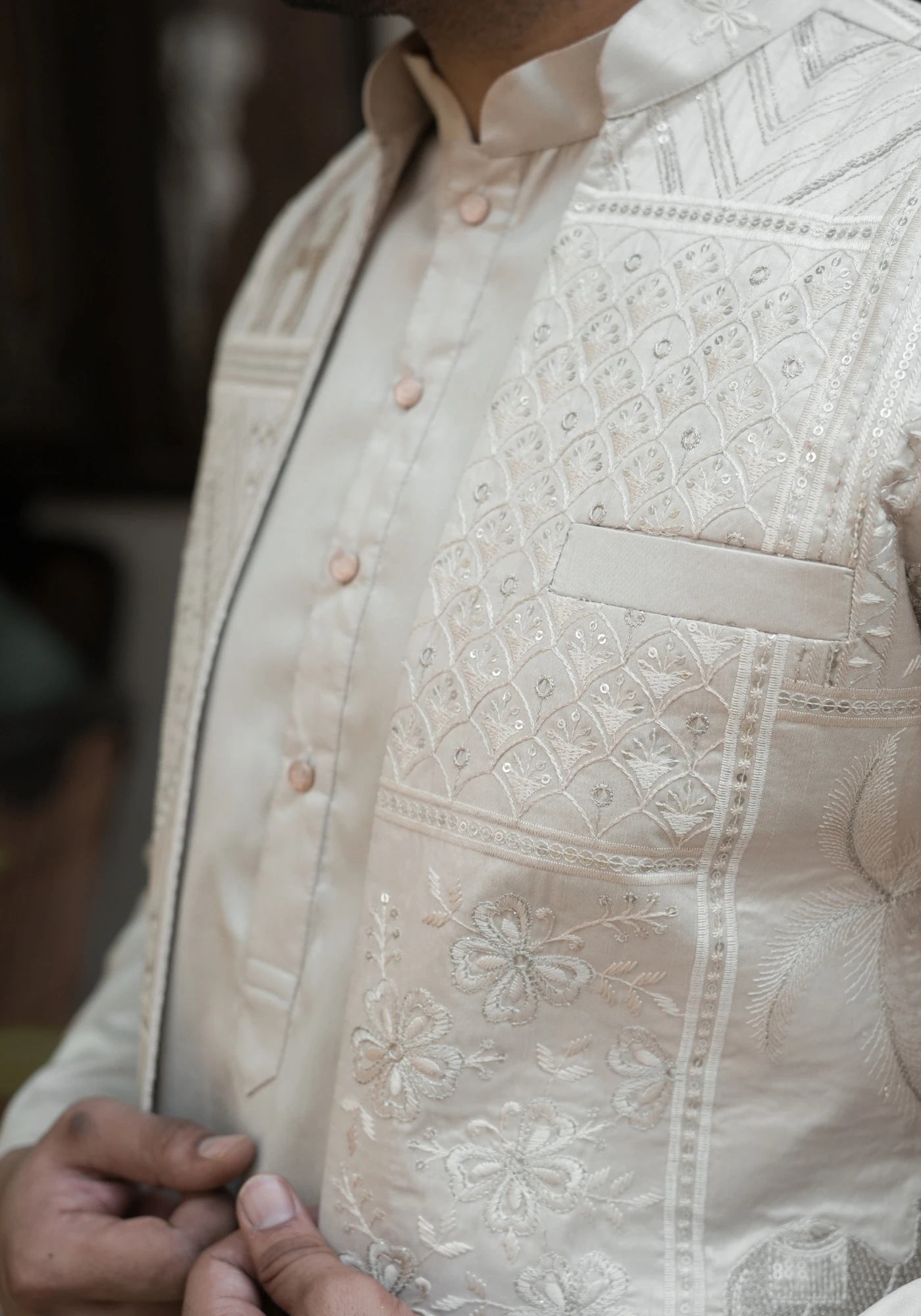 Beige Riwaayat Vastra Embroidered Long Koti with Kurta and Pant Set - view 5