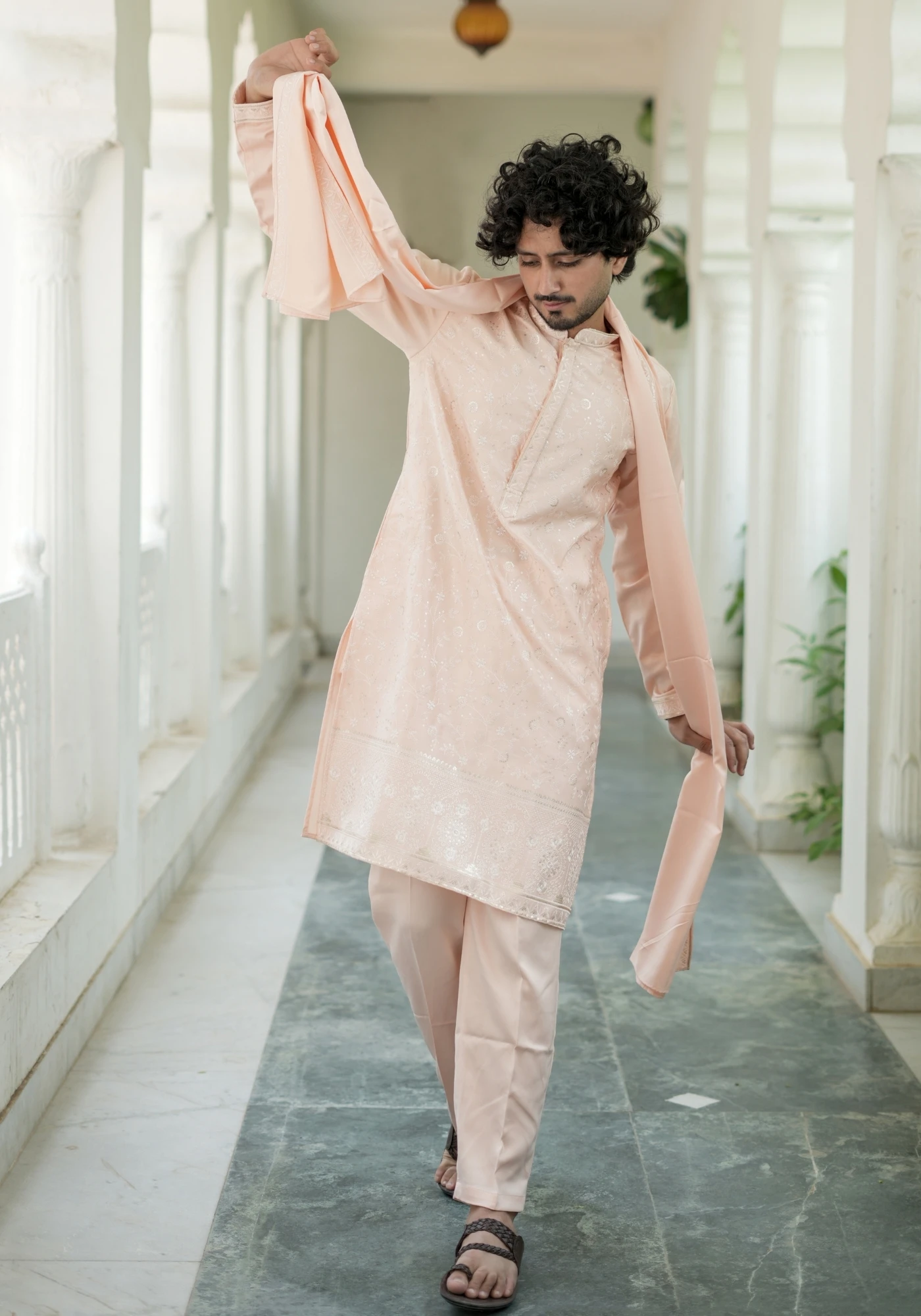 Peach Noorjaal Chandni Embroidered Kurta Pant with Dupatta - view 1