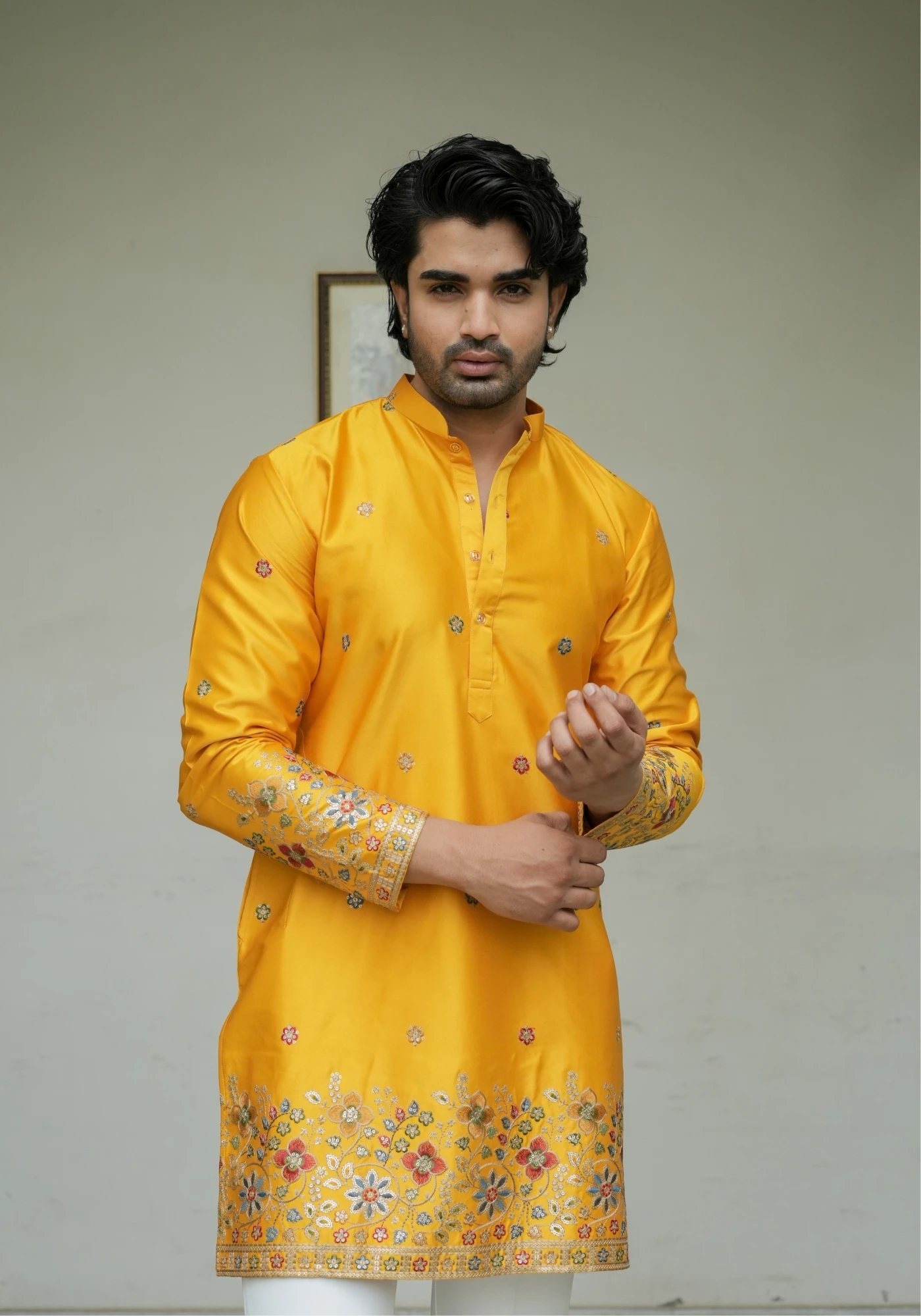 Mustard Yellow Noorjaal Gulrang Embroidered Kurta - view 1