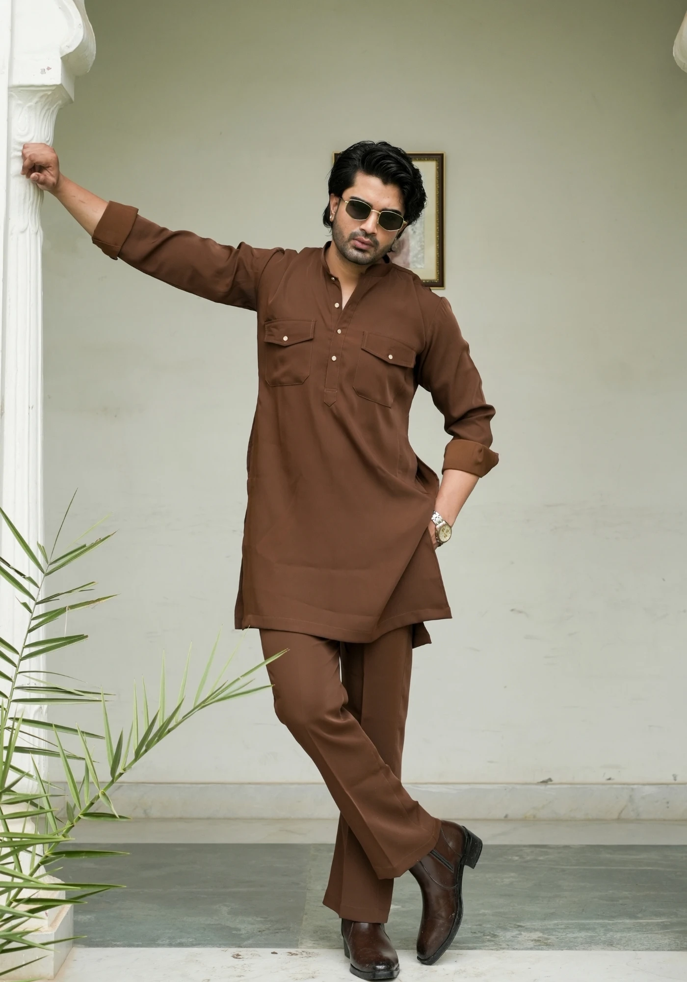 Walnut Brown Riwaayat Shastra Pathani Kurta Pant Set - view 6