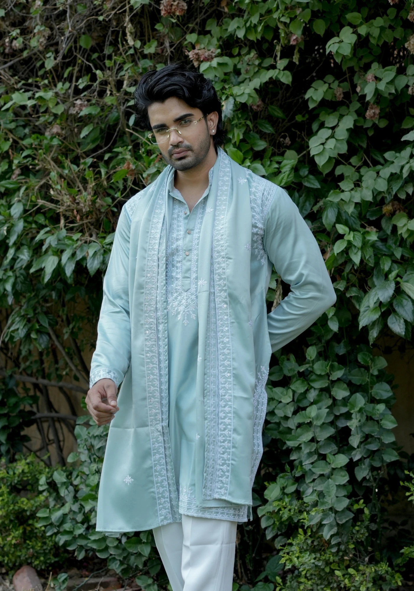 Ice Mint Noorjaal Rekha Embroidered Kurta Dupatta Set - view 1