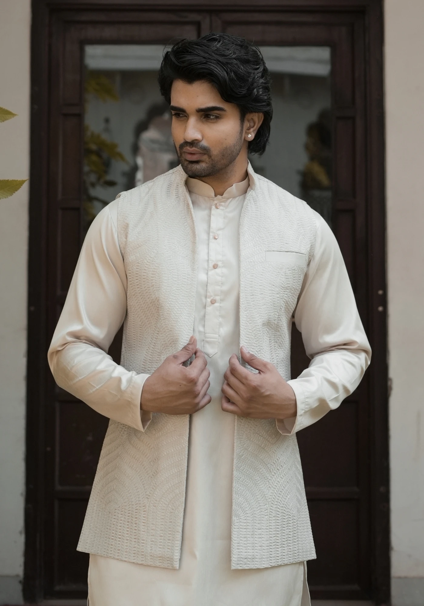 Beige Riwaayat Vastra Embroidered Koti Kurta Pant Set - view 2