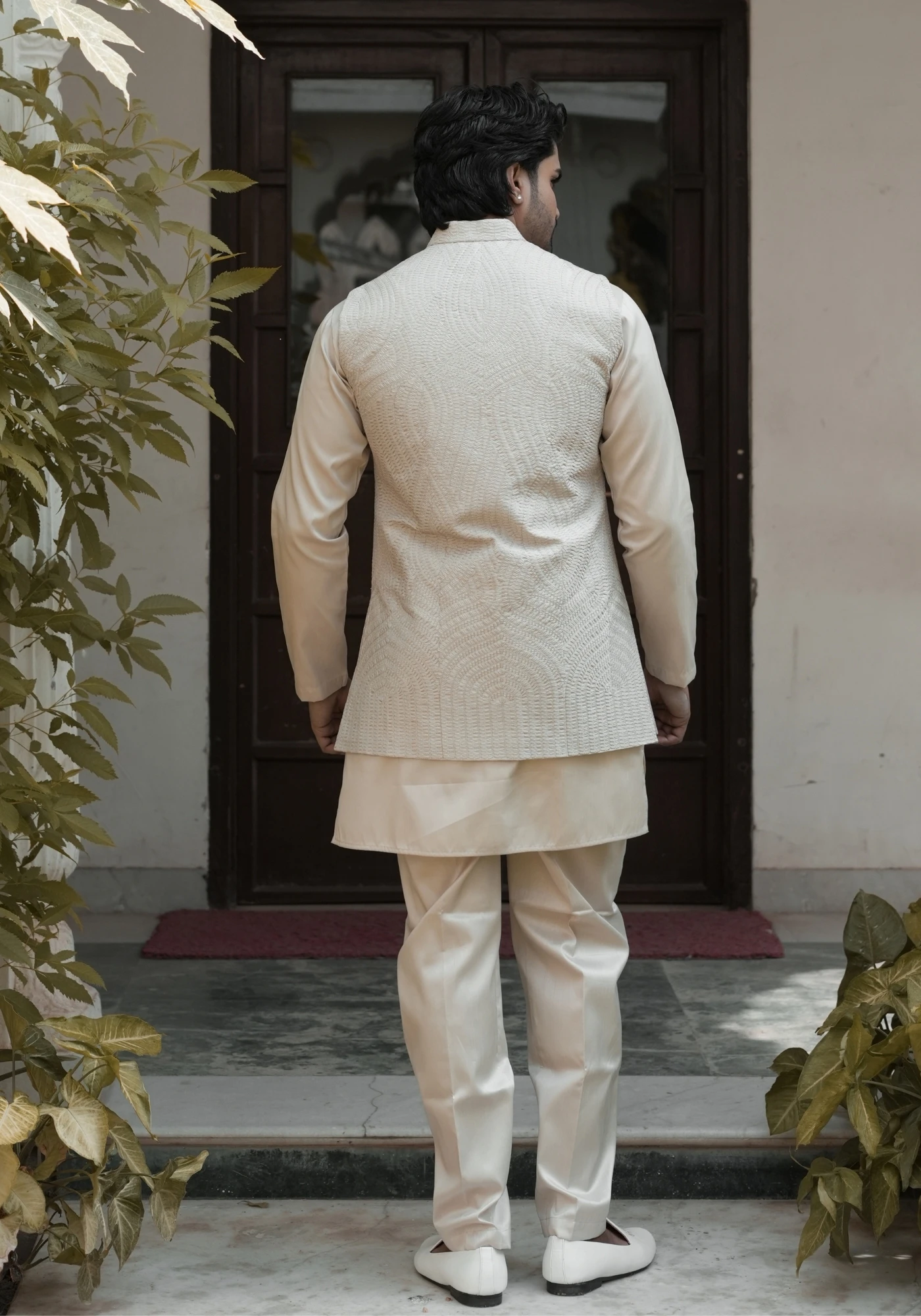 Beige Riwaayat Vastra Embroidered Koti Kurta Pant Set - view 4