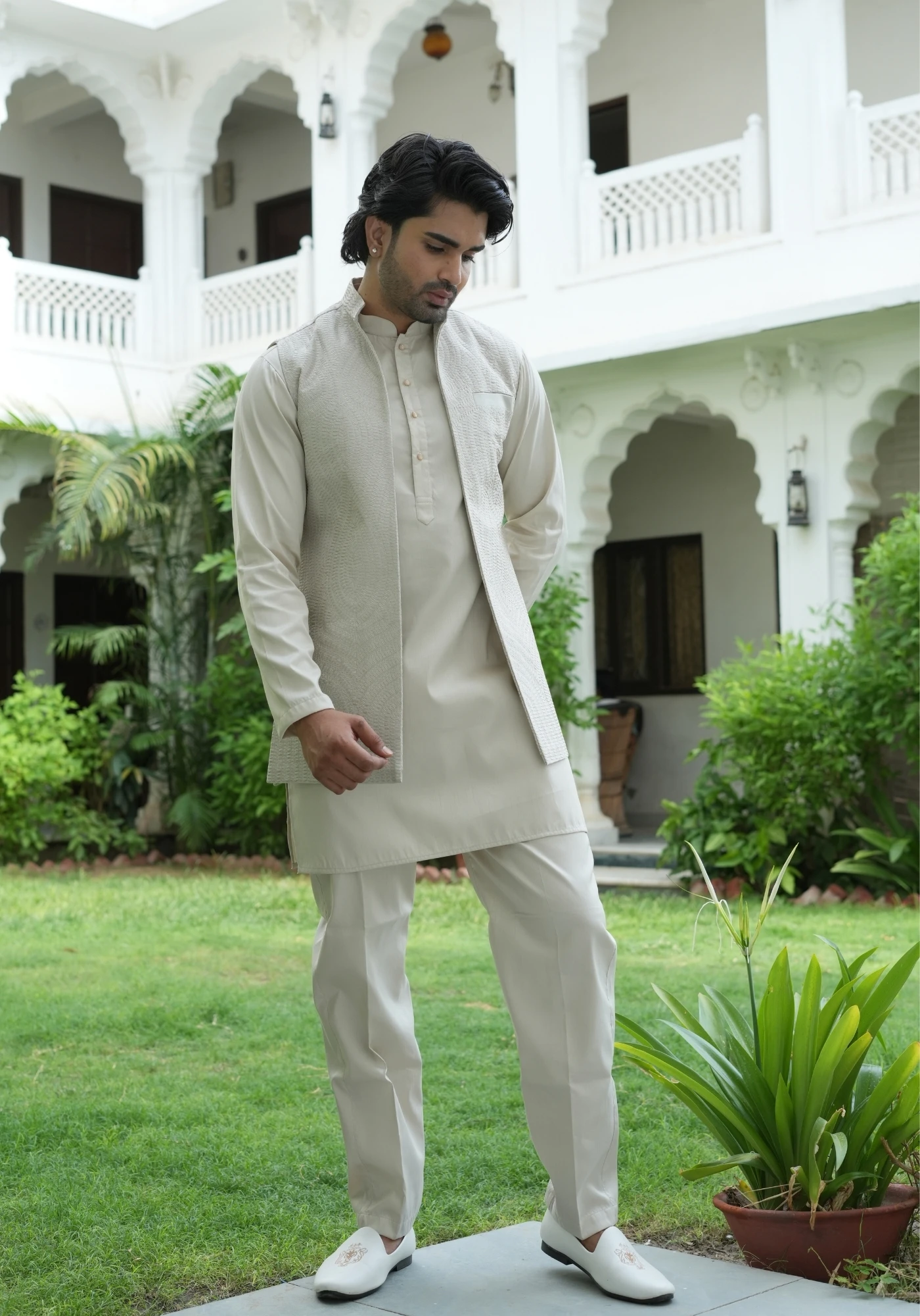 Beige Riwaayat Vastra Embroidered Koti Kurta Pant Set - view 5