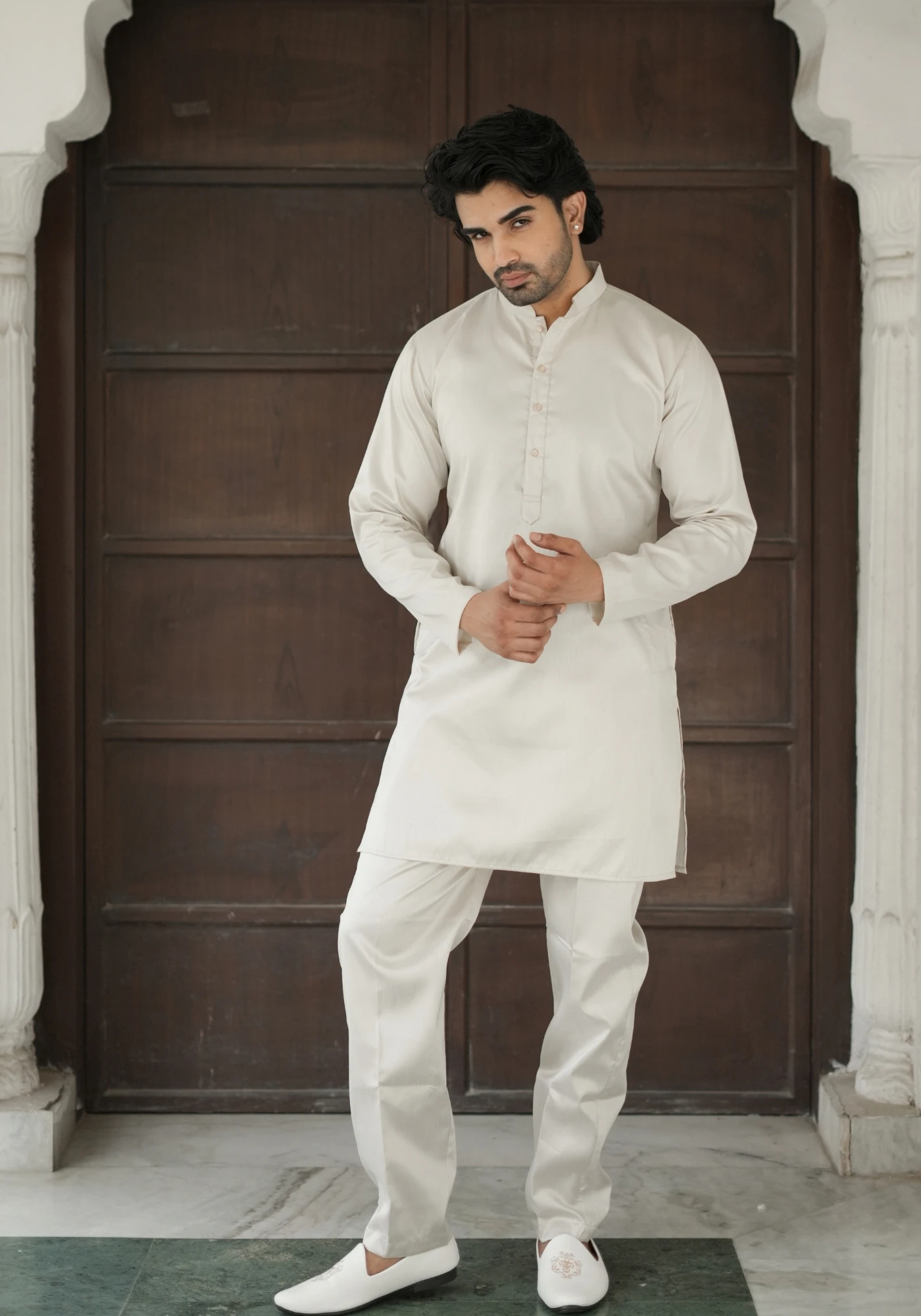 Beige Riwaayat Vastra Embroidered Koti Kurta Pant Set - view 6
