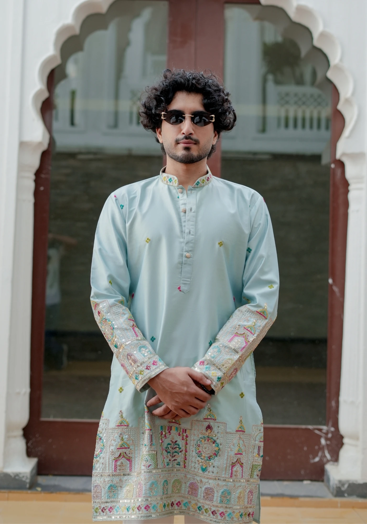 Sky Blue Sheher Naqsh Embroidered Kurta - view 1